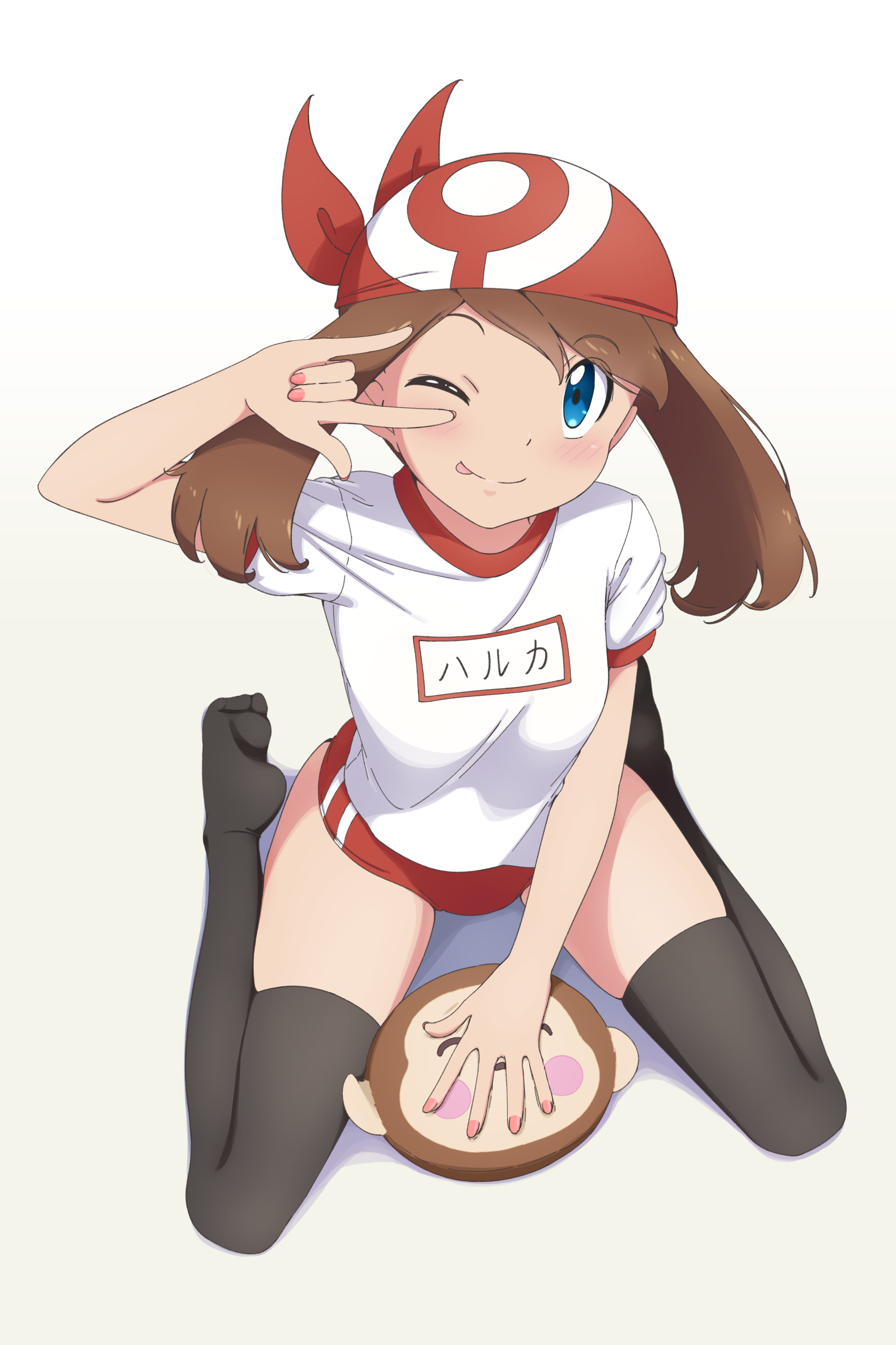 1girls, bandana, bare arms, black thighhighs, blue eyes, blush, breasts, brown hair, buruma, closed mouth, clothed, clothes, clothing, feet, female, female focus, female only, may (pokemon), medium breasts, medium hair, nail polish, non-nude, not porn, one eye closed, pink nails, pokemon, red buruma, scarletsky, shirt, short sleeves, smile, smile at viewer, smiling, smiling at viewer, solo, solo female, solo focus, thighhighs, thighs, toes, wariza, white shirt, wink