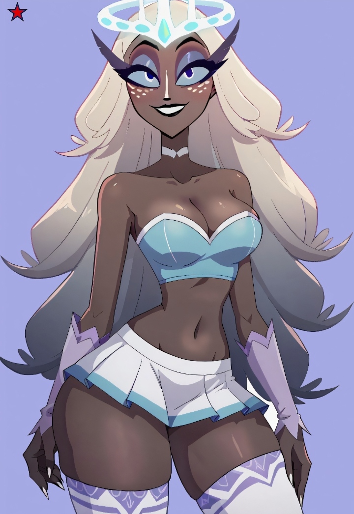 1milf, 2020s, 2025, ai assisted, ai generated, angel, armwear, belly, blue eyes, cheerleader, cheerleader outfit, cheerleader uniform, cleavage, crown, curvy, curvy female, curvy figure, dark skin, dark-skinned female, deviantart, deviantart link, eyelashes, female, female only, hair ornament, hazbin hotel, headwear, hourglass figure, legwear, long hair, makerdeviant, mature female, microskirt, milf, navel, pleated skirt, sera (hazbin hotel), skimpy, solo, strapless, thighhighs, thighs, vivienne medrano, western cartoon, white hair, white nail polish, white nails