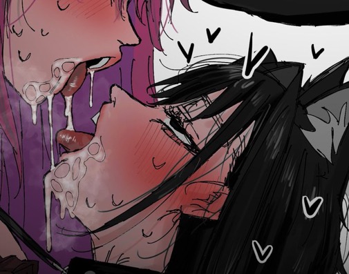2girls, black hair, blushing, carrot 011, drool, drooling, drooling into mouth, female, hololive, hololive english, hololive english -council-, hololive english -promise-, mouth open, ouro kronii, pink hair, spit, spit swap, virtual youtuber, vtuber, yuri