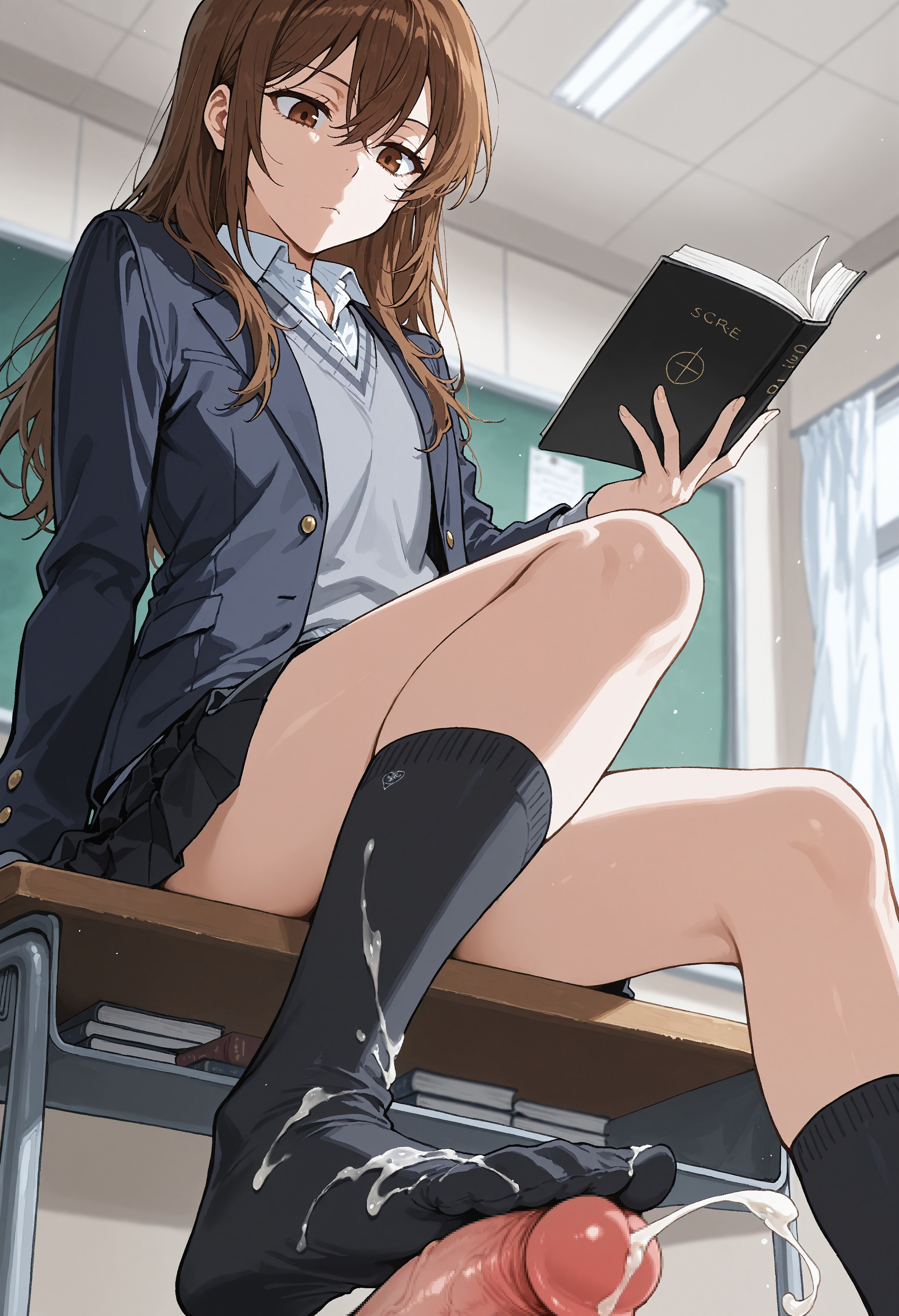 ai, ai assisted, ai generated, brown eyes, brown hair, cum, cum on socks, cumshot, ejaculation, elkazama yumi, erection, feet, female, femdom, foot fetish, footjob, footwear, hori kyouko, horimiya, male, penis, school, school uniform, socks
