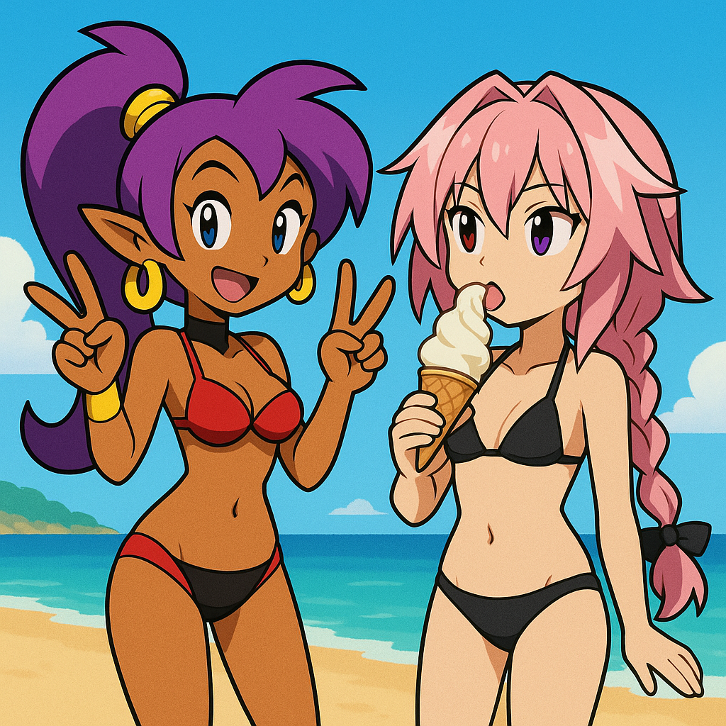 ai_generated astolfo astolfo_(fate) beach bikini chatgpt femboy ice_cream shantae shantae:_half-genie_hero shantae_(character) shantae_and_the_pirate's_curse