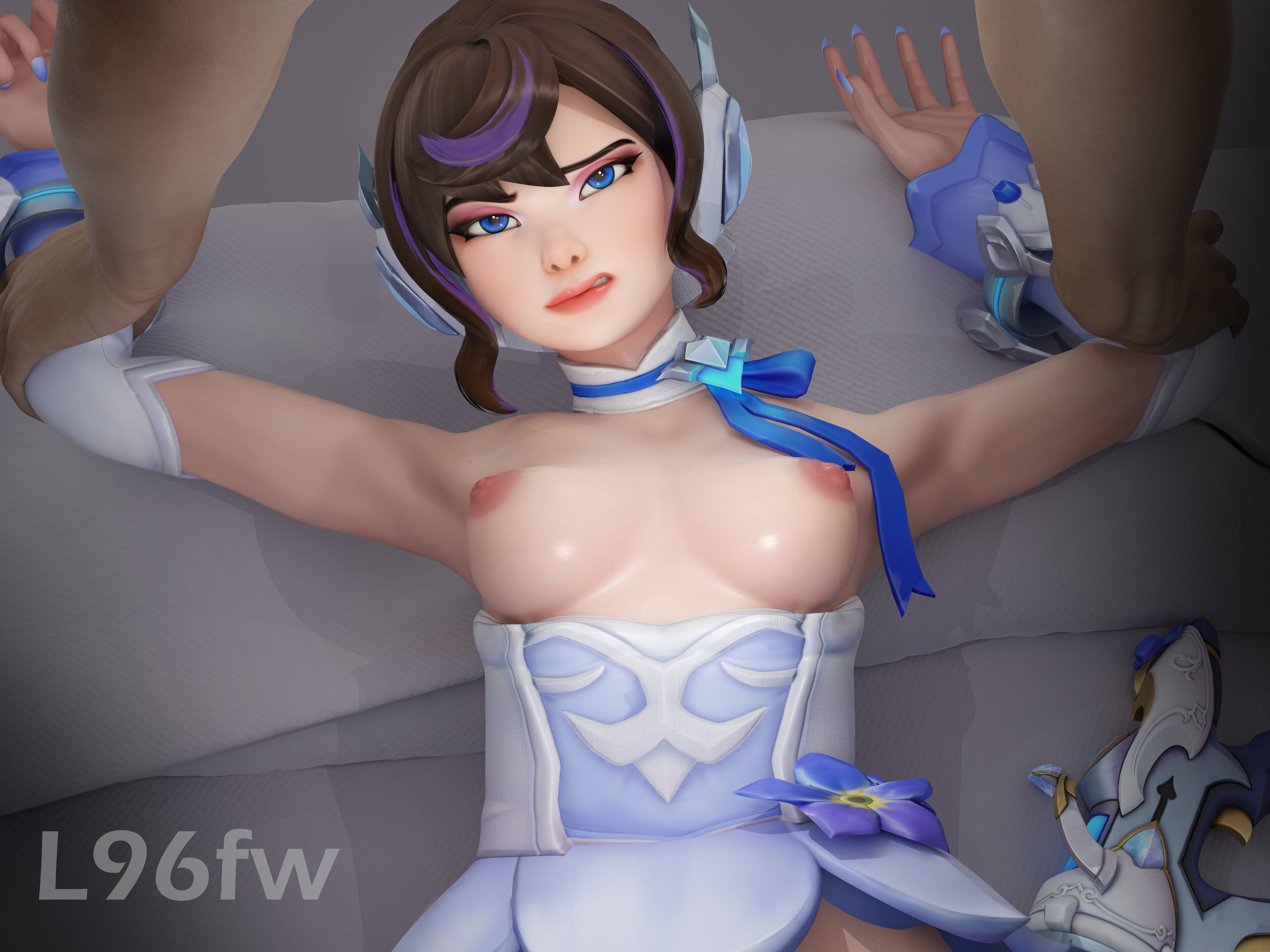 1boy, 1boy1girl, 1girls, 3d, blue eyes, boobs, breasts, breasts out, brown hair, female, female focus, gun, holding hands, juno (overwatch), l96fw, looking at partner, looking at viewer, male, overwatch, overwatch 2, sexy, sexy body, sexy clothing, sexy female, sexy pose, short hair, small boobs, small breasts, weapon