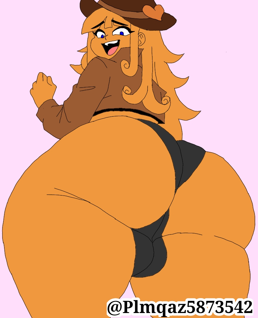 ass, ass focus, big ass, black panties, blue eyes, brown hat, brown jacket, futa only, futanari, giant ass, gigantic ass, hat, huge ass, intersex, jacket, mundo torajo, open mouth, orange body, orange fur, orange hair, panties, pessy, plmqaz587354, teeth, teeth showing