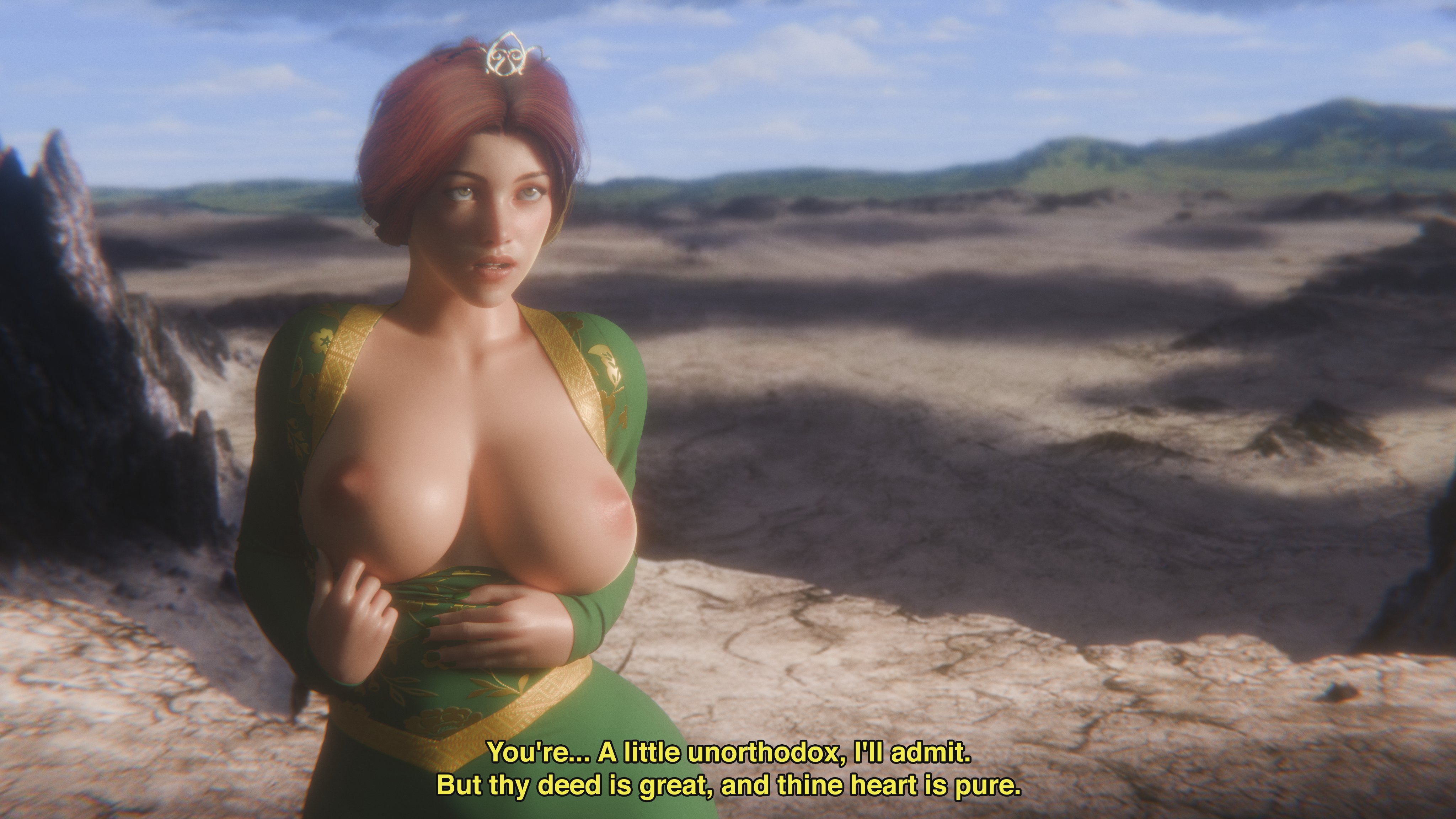 3d, big breasts, breasts, brown hair, exposed breasts, female, green dress, human fiona, light skin, light-skinned female, outside, ponytail, princess fiona, princess fiona (human), shrek (film), shrek (series), text, valenok
