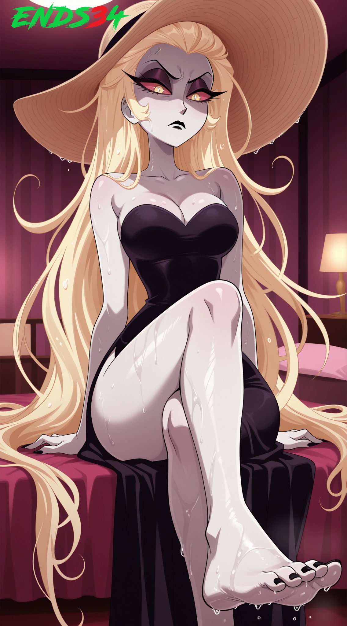 2026, ai generated, barefoot, big breasts, crossed legs, dress, ends34, female, female only, foot fetish, hazbin hotel, lilith morningstar (hazbin hotel), milf, sitting