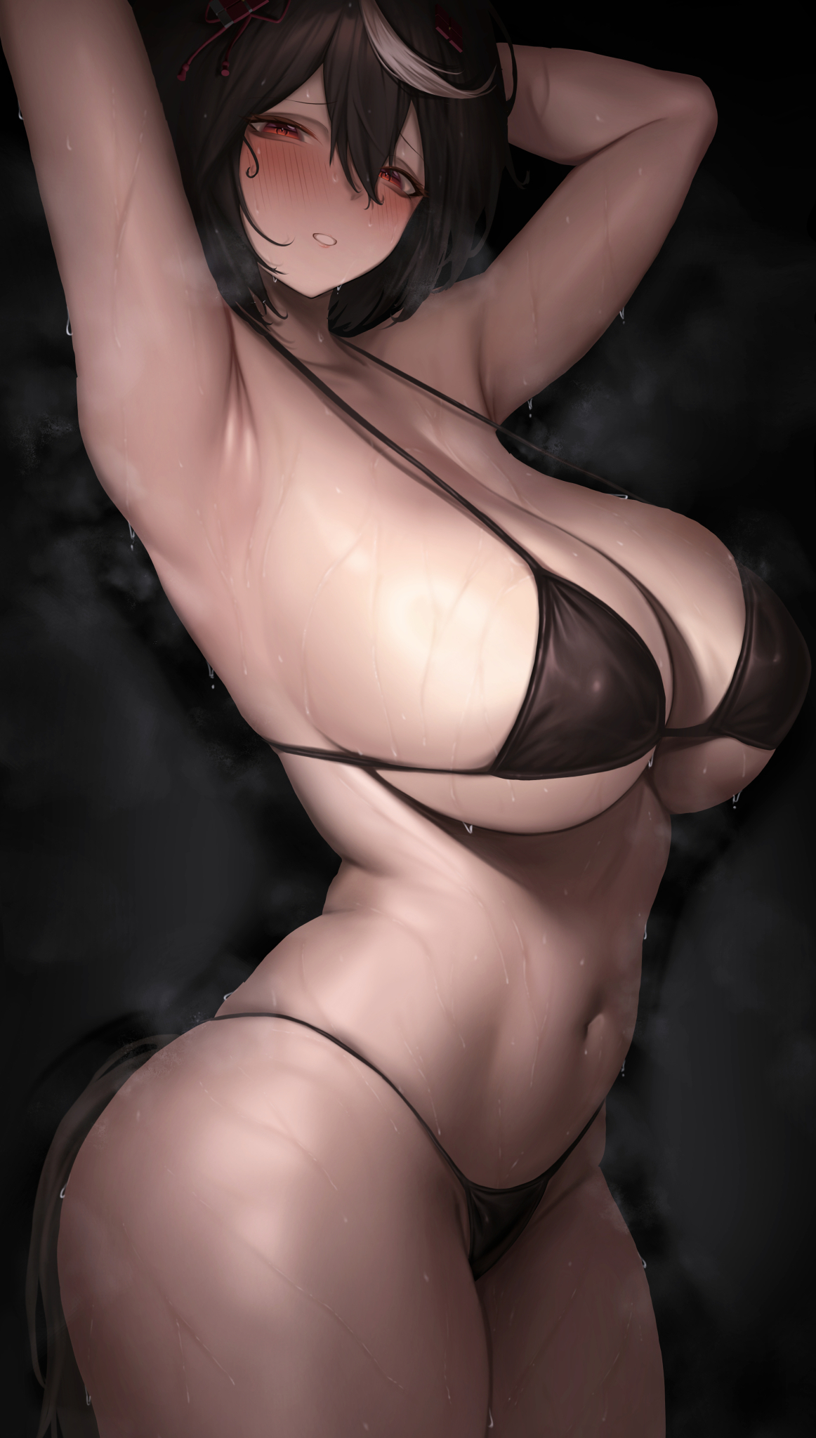 1girls, armpits, arms up, bikini, black bikini, black hair, blush, breasts, female, female only, from side, hair between eyes, halter bikini, highres, horse tail, kitasan black (umamusume), large breasts, looking at viewer, looking to the side, multicolored hair, navel, nov1527, paid reward available, parted lips, red eyes, short hair, solo, steaming body, stomach, streaked hair, sweat, swimsuit, tail, umamusume, underboob, very sweaty, white hair