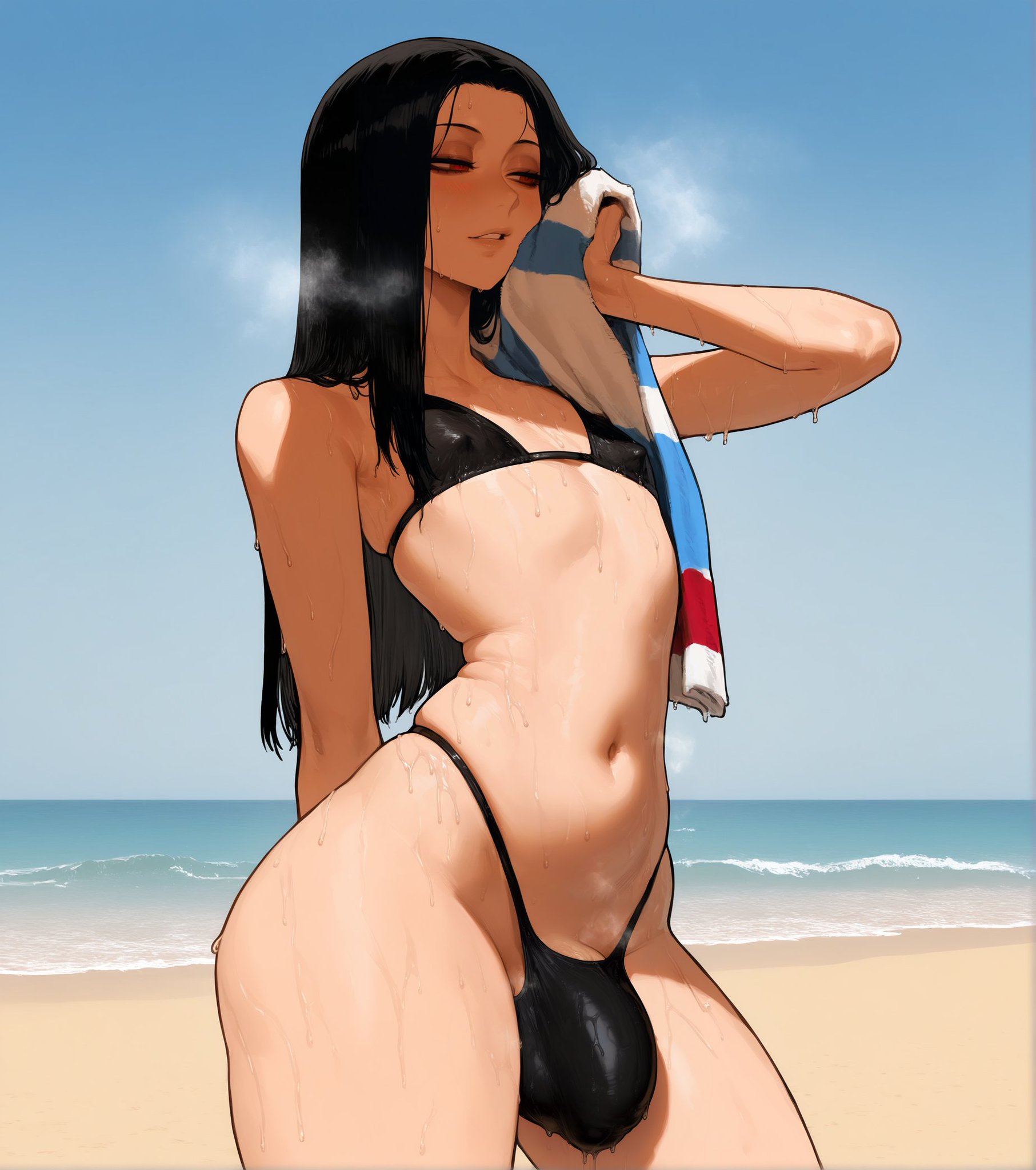 ai generated, beach, beach towel, bikini, black hair, bulge, female, guilty gear strive, red eyes, sweat, testament (guilty gear)
