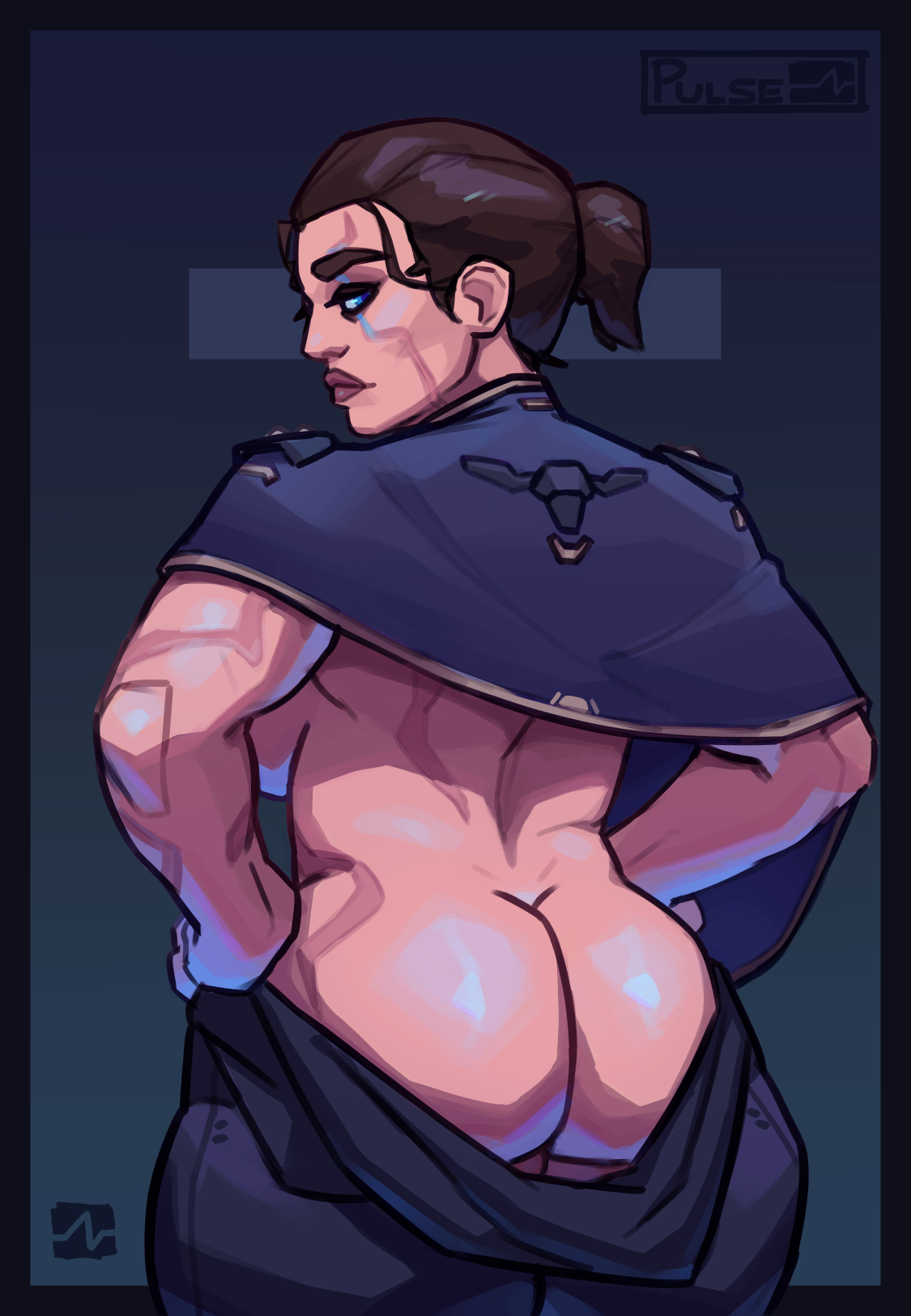 ass, body markings, breasts, doom, doom the dark ages, female, fit female, from behind, large ass, large breasts, looking at viewer, looking back, muscular, muscular female, partially clothed, partially nude, presenting, presenting ass, presenting butt, pulseblock, scar, sideboob, thick thighs, thira (doom), undressing, wide hips