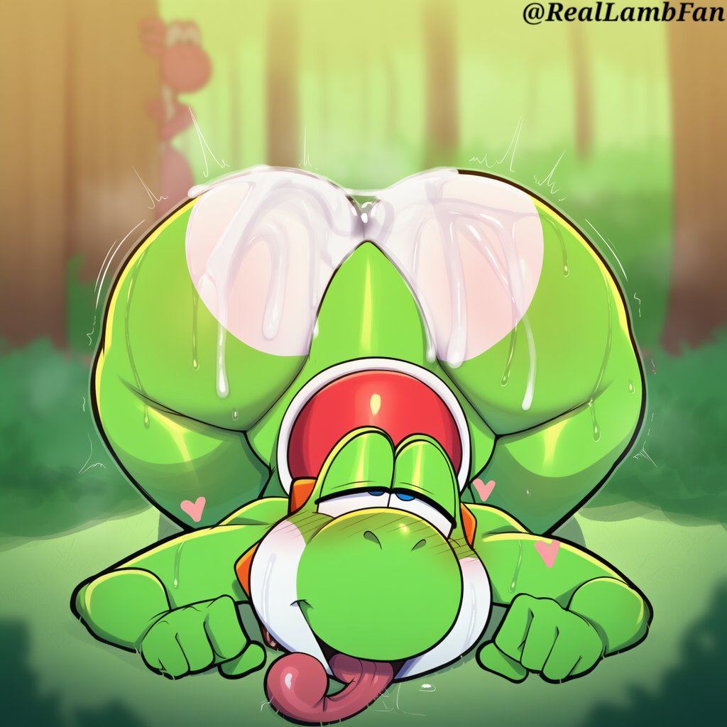 1boy, after sex, ahe gao, ai generated, anthro, anthropomorphic, arms up, aroused, ass focus, back view, big butt, blush, blushing heavily, butt focus, covered in cum, cum, cum drip, cum on ass, cum on back, cum on body, cum overflow, cum string, curvy, cute, cute femboy, dino ears, dinosaur, dripping cum, ecstatic, enormous ass, erotic, exaggerated anatomy, excessive cum, explicit, fat ass, femboy, forest, from behind, furry, furry male, furry only, gigantic ass, glossy, grass, green body, green dinosaur, green scales, heart, huge ass, huge butt, hyper ass, hyper proportions, jiggle, lewd, long tongue, lying down, male, male only, mario (series), massive ass, messy, moaning, nature, nintendo, on back, open mouth, orange nose, orange spikes, outdoor, pink hearts, pleasure face, pleasured, plump, post orgasm, provocative, reallambfan, rear view, red saddle, reptile, scalie, semen, sexual, sexy pose, shiny skin, soft, solo, spikes, spread arms, spread legs, super mario bros., sweat, sweatdrop, thick cum, thick thighs, tongue out, trap, trees, wet, white belly, wide hips, woods, yoshi, yoshi tail