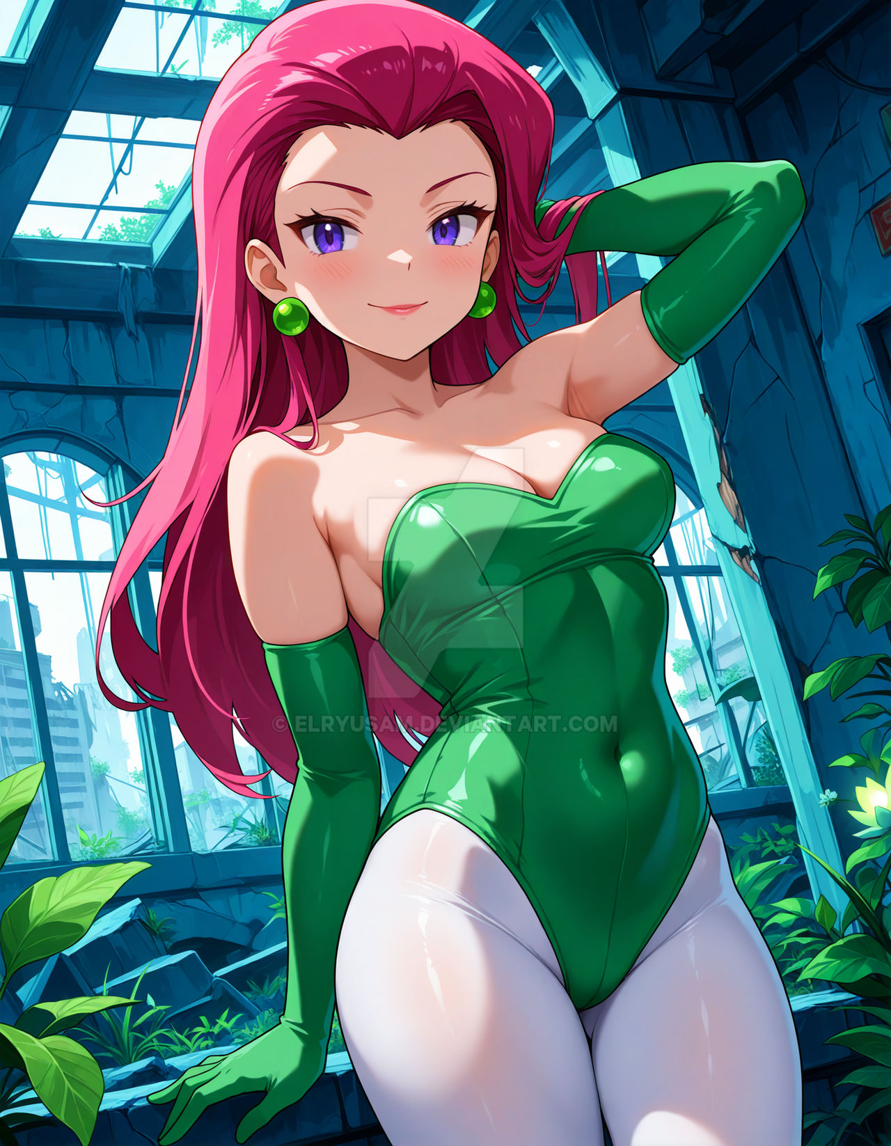 2025, 4kids entertainment, ai generated, anime, batman (series), batman: the animated series, cosplay, cosplayer, dc animated universe, dc comics, deviantart, elryusam, female, green earrings, green gloves, jessie (pokemon), meta, nintendo, not porn, orange cheeks, pink eyebrows, pink-haired female, poison ivy, poison ivy (cosplay), poison ivy (dcau), pokemon, purple-eyed female, red lipstick, team rocket, unknown place, white leggings