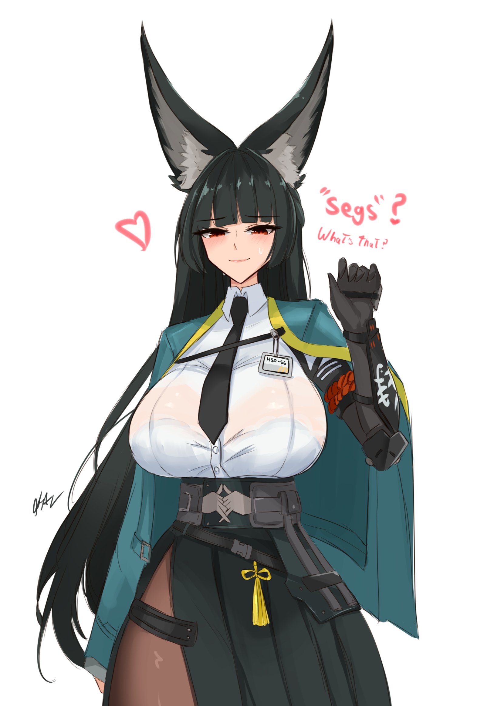1girls, alternate breast size (larger), animal ears, black hair, black necktie, black pantyhose, black skirt, blunt bangs, blush, breasts, closed mouth, collared shirt, commentary, english text, female, female only, fox ears, fox girl, hand up, heart, high-waist skirt, highres, hoshimi miyabi, huge breasts, id card, krass kr, long hair, looking at viewer, necktie, paid reward available, pantyhose, red eyes, shirt, simple background, skirt, solo, standing, sweat, very long ears, white background, white shirt, zenless zone zero