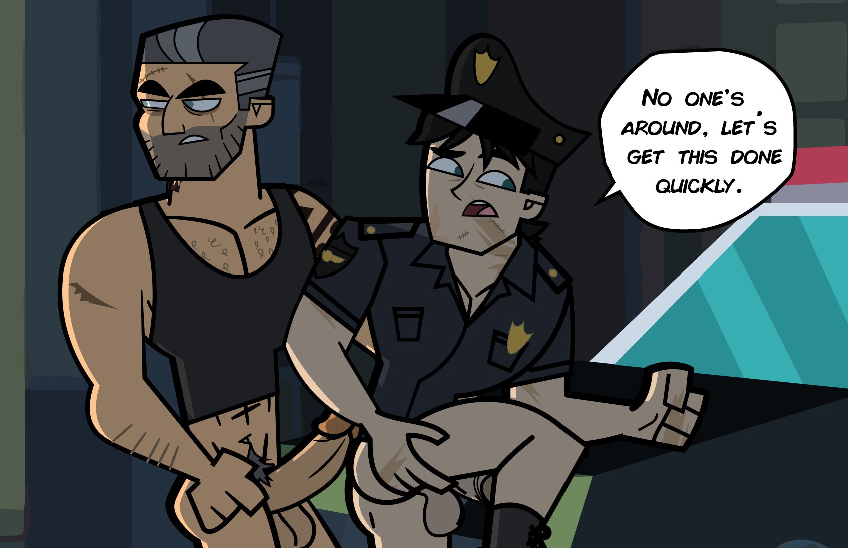 2boys, ass, balls, bottomless, chest hair, disventure camp, english dialogue, facial hair, gay, imminent anal, imminent sex, jensen (disventure camp), male, male focus, male only, muscular, muscular arms, muscular male, odd nation cartoons, penis, police, police uniform, pubic hair, scars, speech bubble, tdda19, text, tom (disventure camp), yaoi