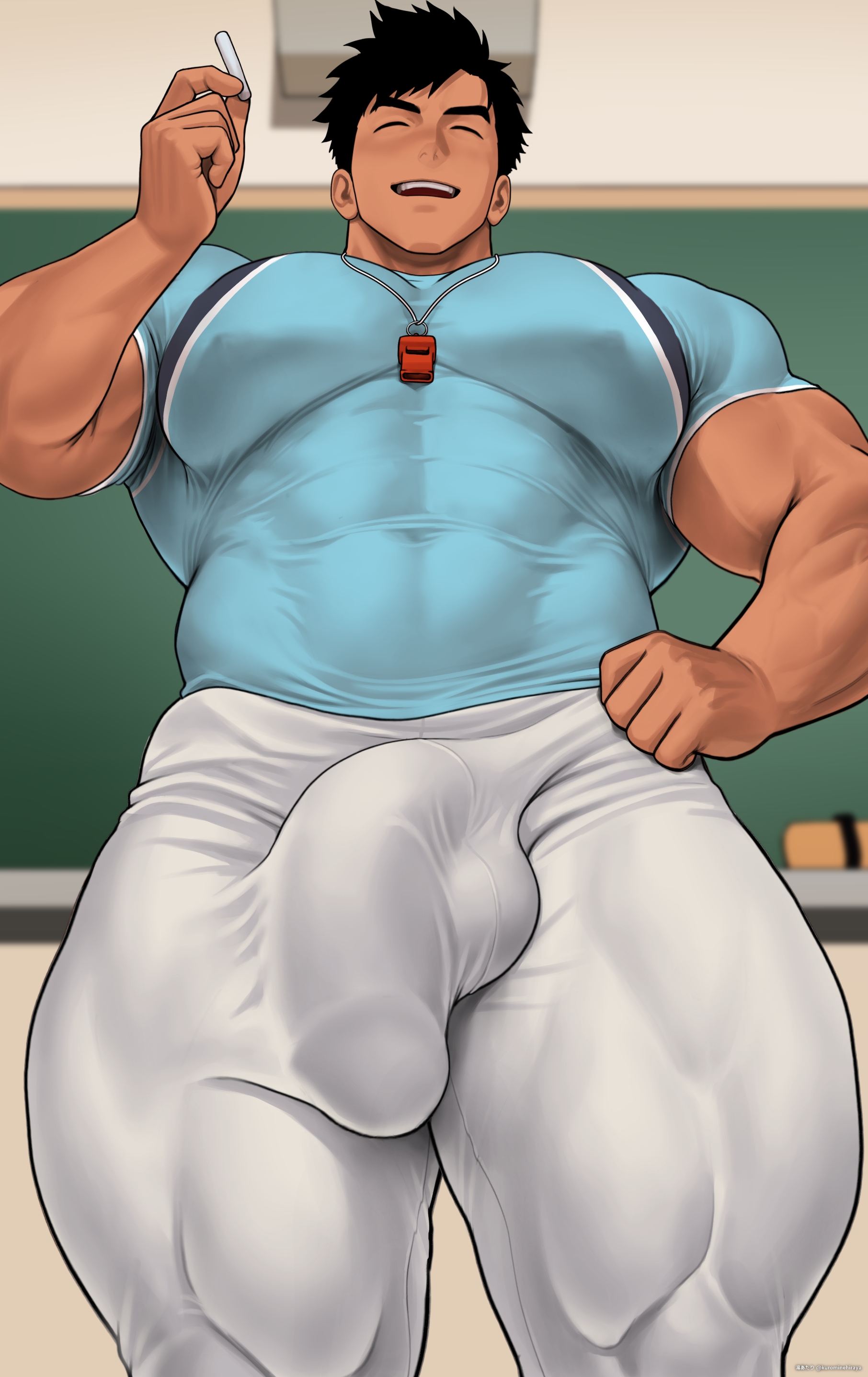 2025, abs, balls, bara, biceps, big muscles, big pecs, big penis, black hair, bodybuilder, bulge, flaccid, highres, huge balls, huge bulge, huge cock, kuromine hiraya, male, male only, muscles, muscular, muscular male, muscular thighs, pecs, penis, solo, solo male, tan skin, thick thighs, tight clothing, tight pants, veiny muscles, yaoi, yuatari