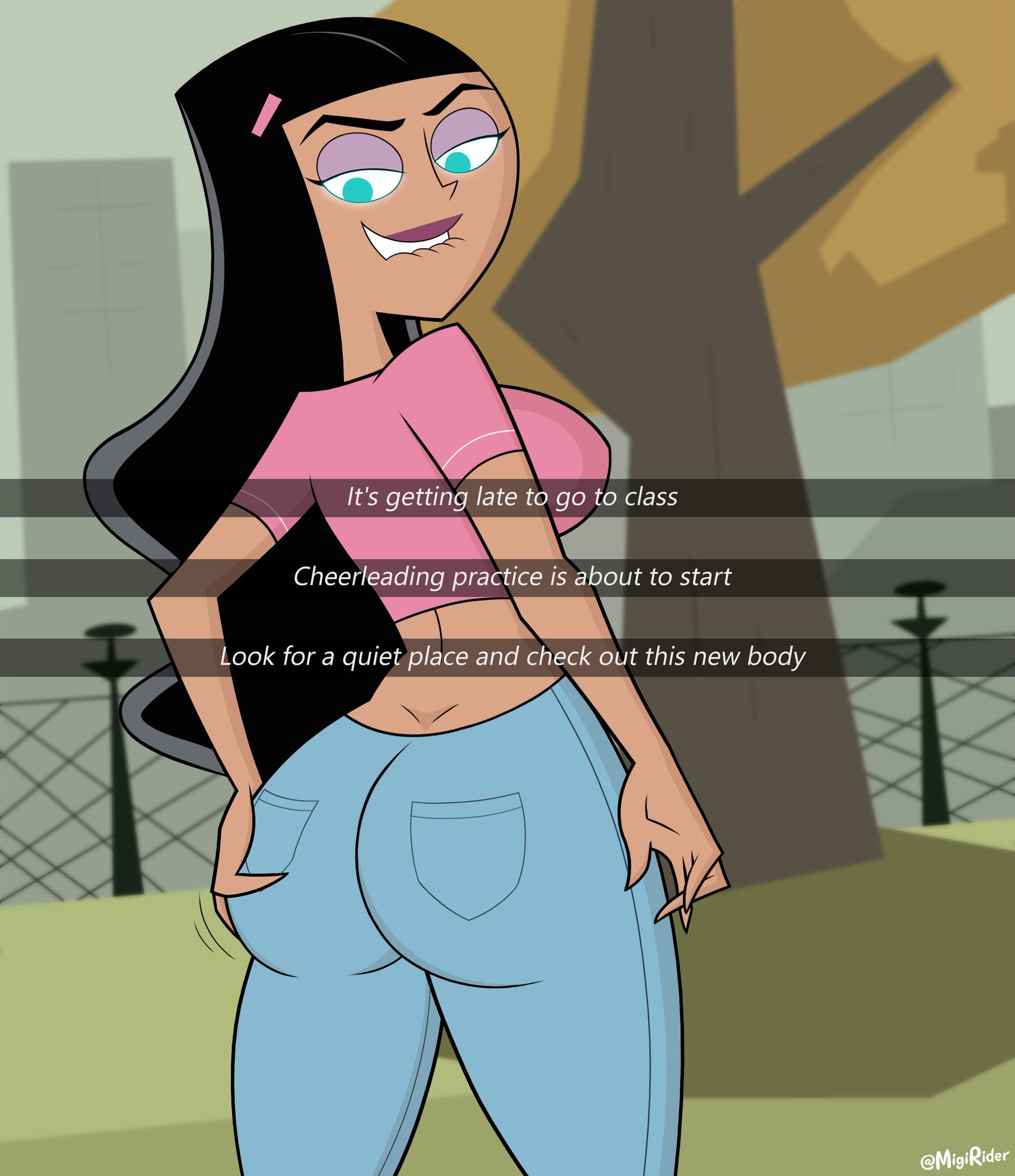 1boy, 1girls, ass, big ass, big breasts, big thighs, breasts, bust, busty, chest, curvaceous, curvy, curvy figure, danny phantom, dark skin, dark-skinned female, digital media (artwork), female, hips, hispanic, hourglass figure, huge ass, huge breasts, huge thighs, large ass, large breasts, large thighs, legs, male, male/female, migi rider, nickelodeon, paulina sanchez, possessed, possession, slim waist, tan body, tan skin, tan-skinned female, thick, thick hips, thick legs, thick thighs, thighs, tucker foley, voluptuous, waist, wide hips