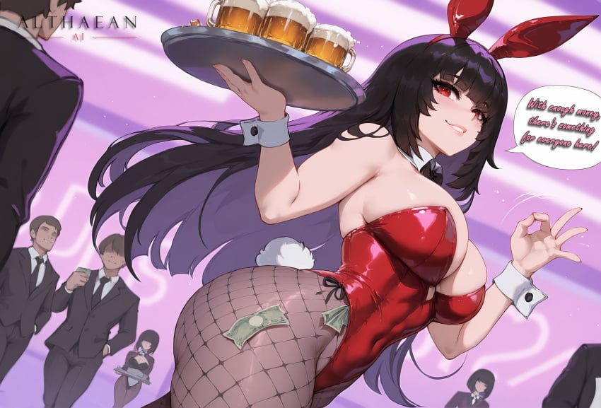1girls, abs visible through clothing, ai generated, alcohol, althaean, breasts, bunnysuit, caption, cleavage, cleavage overflow, female, from below, higher resolution available, holding object, holding tray, huge breasts, jabami yumeko, kakegurui, money gesture, money under clothes, old art, people in background, playboy bunny, plump, red bunnysuit, red clothing, smiling at viewer, strip club, talking to viewer, thick thighs, voluptuous, voluptuous female