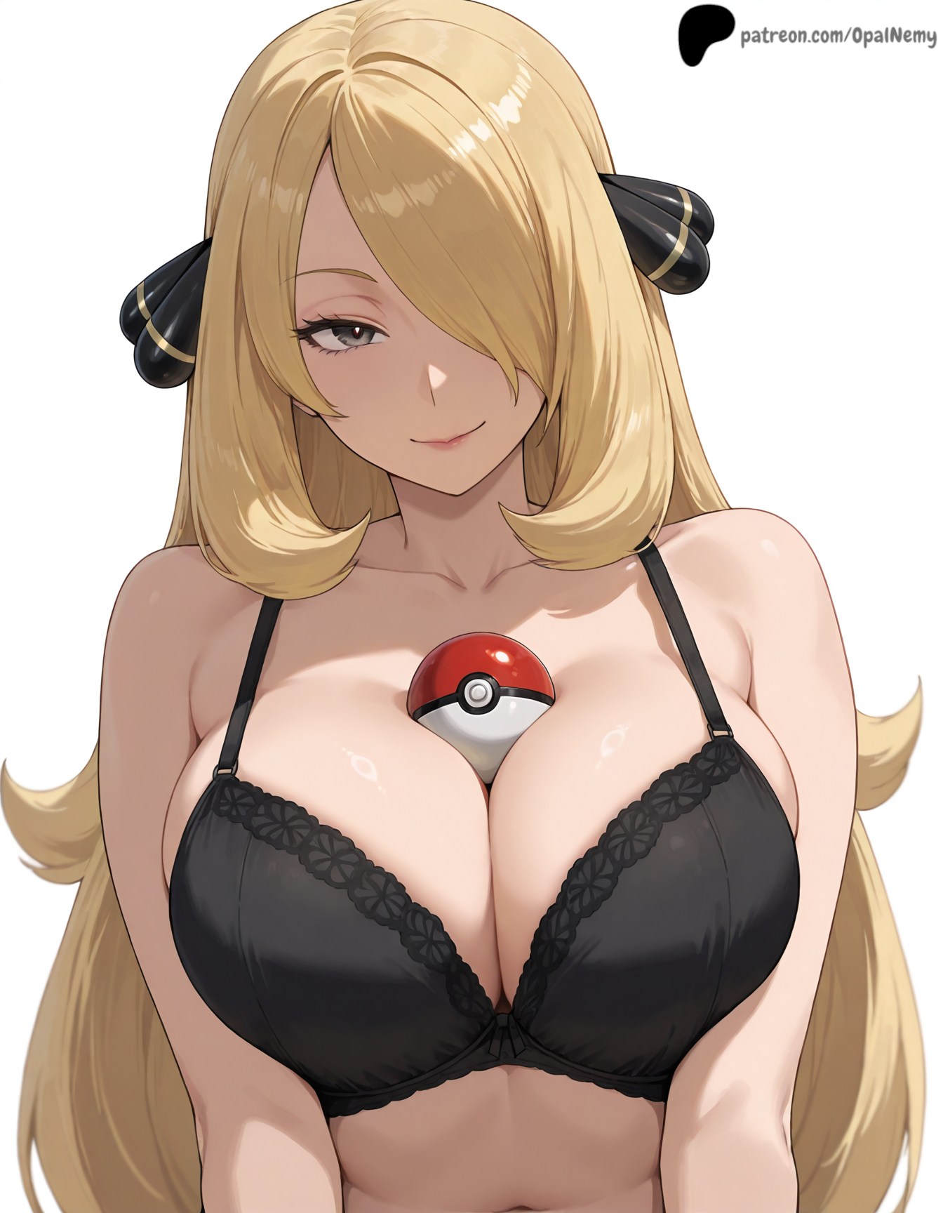 1girls, ai generated, armpit crease, arms at sides, bangs, bare shoulders, black lingerie, blonde hair, bra, breasts, cynthia (pokemon), female, female only, grey eyes, hair between eyes, hair ornament, hair over eyes, hi res, high quality, high resolution, highres, huge breasts, large breasts, light smile, lingerie, lips, long hair, midriff, navel, nose, one eye covered, opal nemy, patreon, patreon logo, patreon url, patreon username, plain background, poke ball, pokemon, self upload, shadow, shiny, shiny hair, shiny skin, simple background, smile, smirk, watermark, white background