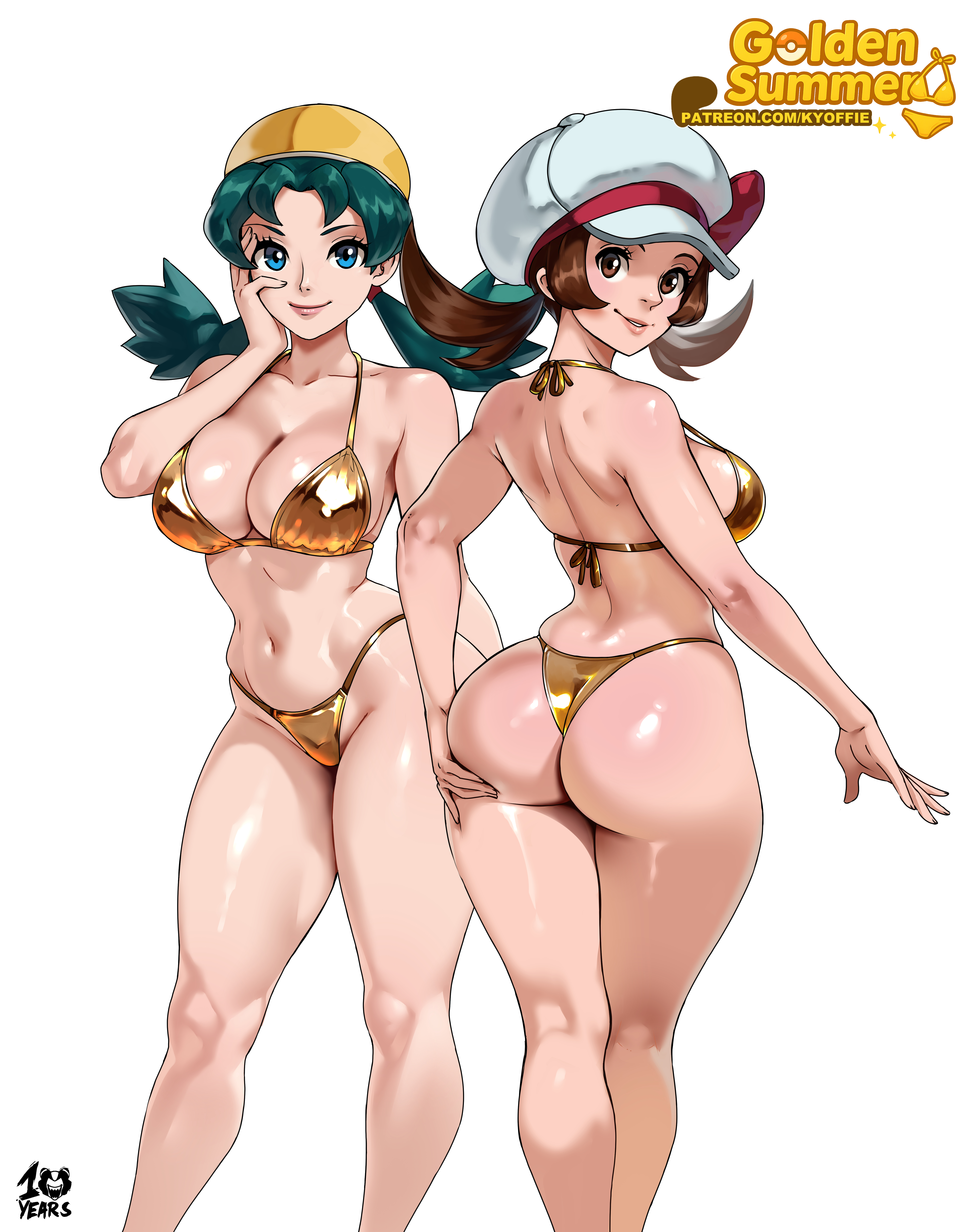 2025, 2girls, absurdres, ass, bikini, blue eyes, breasts, brown eyes, brown hair, brown-haired female, curvy, female, from behind, gold bikini, green hair, green-haired female, hat, highres, kris (pokemon), kyoffie, large breasts, looking at viewer, looking back, lyra (pokemon), micro bikini, multiple females, multiple girls, nintendo, pale skin, pale-skinned female, parted lips, pokemon, pokemon gsc, pokemon hgss, simple background, smile, standing, swimsuit, thighs, twintails, white background, white hat, yellow hat