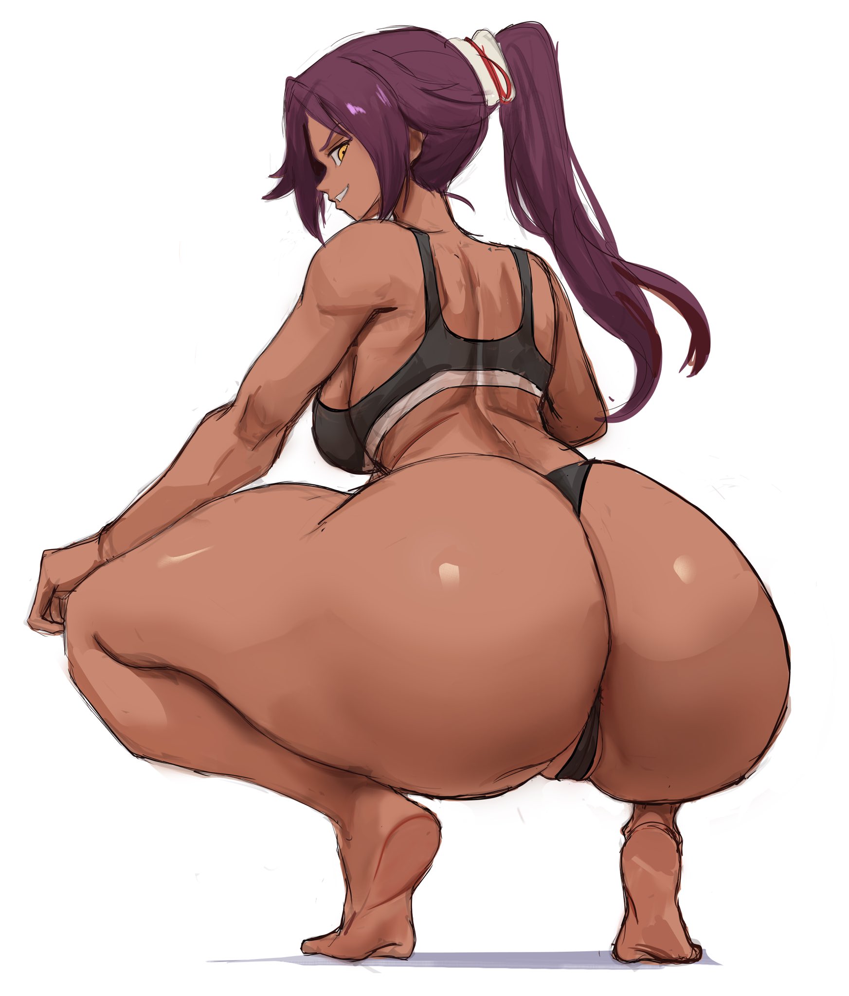 1girls, ass, ass focus, back, backboob, big ass, black panties, black sports bra, bleach, breasts, curvaceous, curvy, curvy female, dark skin, dark-skinned female, fat ass, female, from behind, highres, huge ass, large breasts, long hair, looking at viewer, looking back, panties, ponytail, presenting ass, purple hair, purple-haired female, rakeemspoon, shihouin yoruichi, simple background, smug, smug expression, smug face, smug grin, smug smile, soles, solo, solo female, sports bra, squatting, teasing, thick thighs, thighs, thong, toned, toned female, twerking position, underwear, voluptuous, voluptuous female, white background, wide hips, yellow eyes