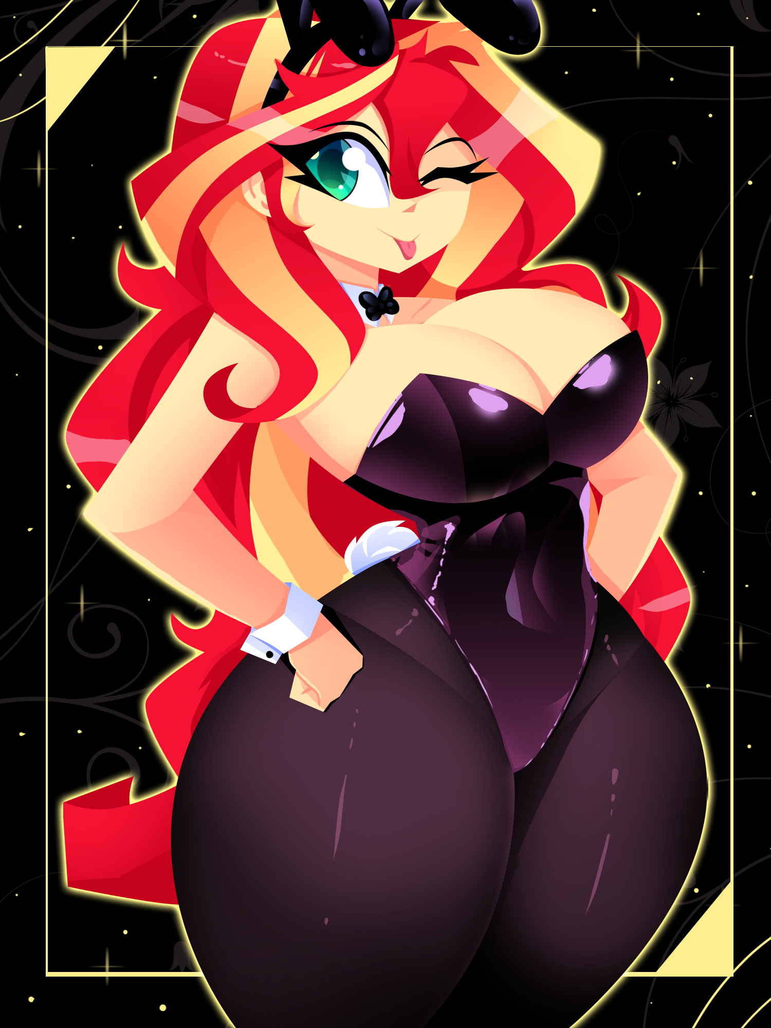 1girls, 2025, 2d, 2d (artwork), 2d artwork, big thighs, black background, black clothing, breasts, bunny ears, bunny girl, bunnysuit, cleavage, colored skin, curvaceous, curvaceous female, curvaceous figure, curvy, curvy body, curvy female, curvy figure, digital media (artwork), emerald eyes, enormous thighs, equestria girls, fake animal ears, fake rabbit ears, female, female only, friendship is magic, green eyes, hand on hip, hands on hips, hasbro, high quality, hourglass figure, huge breasts, large thighs, leotard, looking at viewer, my little pony, my little pony equestria girls, no ai, one eye closed, one eye open, playboy, playboy bunny, playboy bunny costume, playboy bunny leotard, playboy outfit, pose, posing, slim waist, smile, smiling, solo, strapless, strapless leotard, sunset shimmer, thick thighs, tongue, tongue out, wide hips, wink, winking at viewer, xan-gelx (xan), yellow body, yellow skin, yellow-skinned female