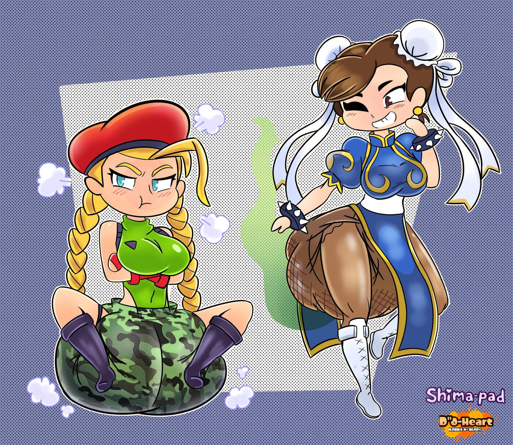 2girls, blush, cammy white, cel shading, chun-li, diaper, female, messy diaper, pout, shimapad, simple background, smiling, smiling at diaper, smiling at self, stink lines, street fighter, wink