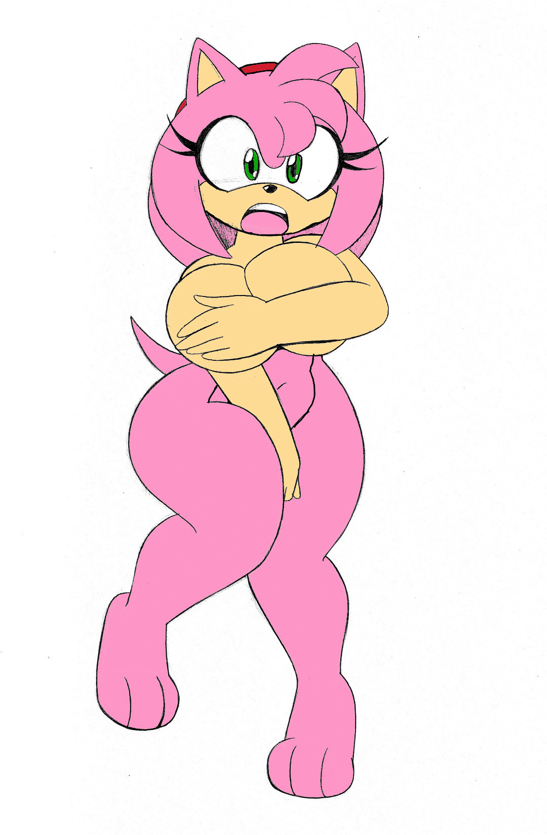 amy rose, breasts, color edit, covering breasts, covering crotch, female, fully nude, omegasunburst, sonic (series), surprised