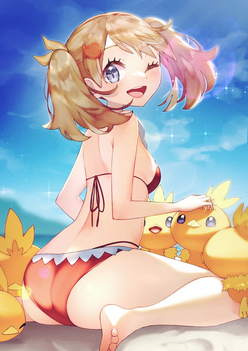 alternate hairstyle, ass, back, backboob, bare arms, bare legs, bare shoulders, bare thighs, barefoot, beach, bikini, blue eyes, blush, breasts, brown hair, feet, female, hairpin, may (pokemon), medium breasts, medium hair, one eye closed, open mouth, outdoors, pokemon, red bikini, rindoriko, shoulder blades, smile, thighs, toes, twintails, wariza