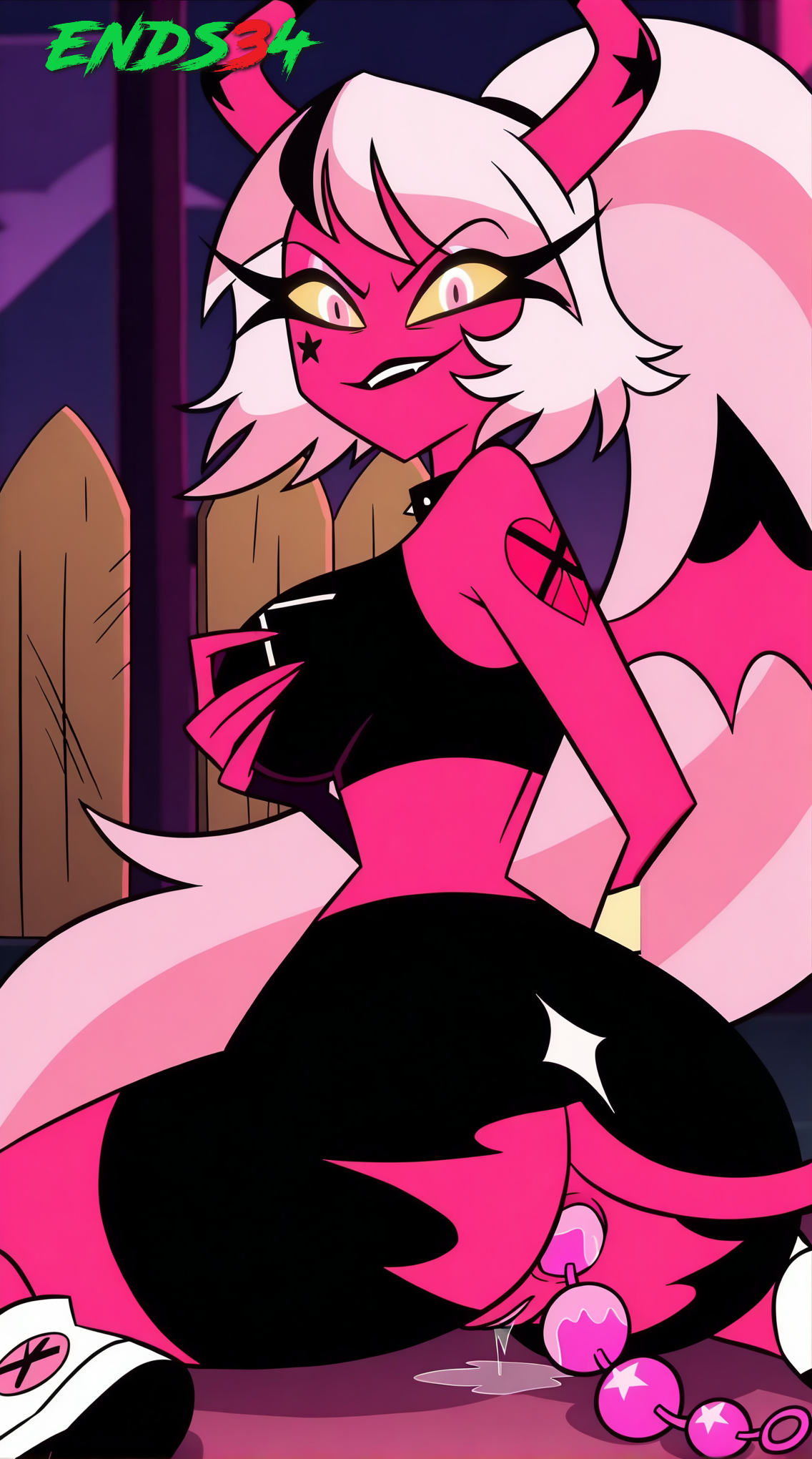 ai generated, anal beads, big breasts, breasts, crop top, demon girl, ends34, female, female only, helluva boss, horns, narrow waist, pink eyes, ponytail, succubus, tail, verosika mayday (helluva boss)