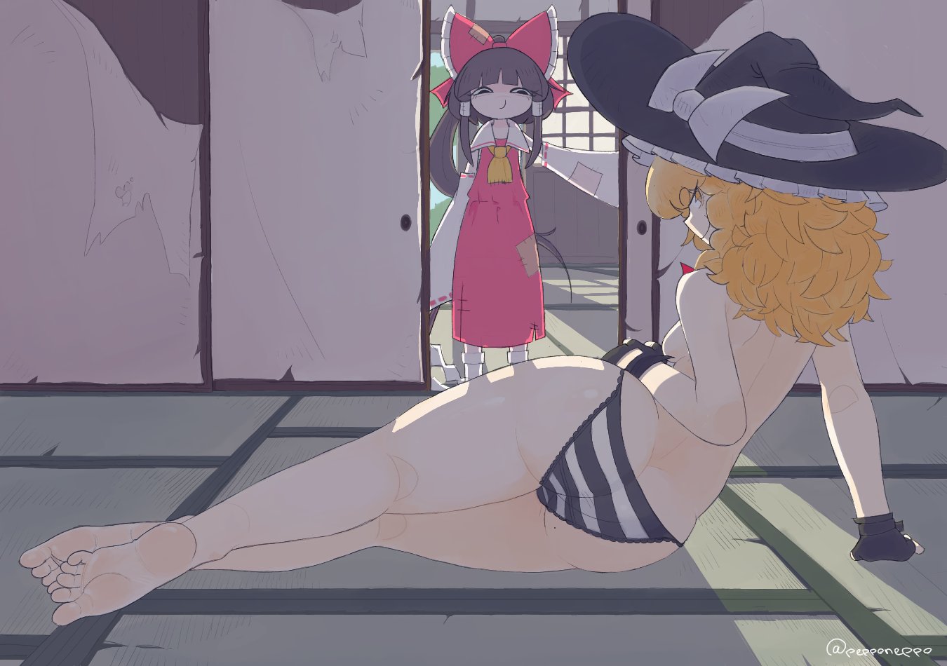 + +, 2girls, ass, barefoot, black gloves, black striped panties, blonde hair, breasts, brown hair, feet, female, gloves, hakurei reimu, hakurei shrine, hat, kirisame marisa, marisa kirisame, mole, multiple females, multiple girls, panties, pepponeppo, reimu hakurei, shimapan, smile, thighs, topless female, touhou, underwear, witch hat, yellow eyes