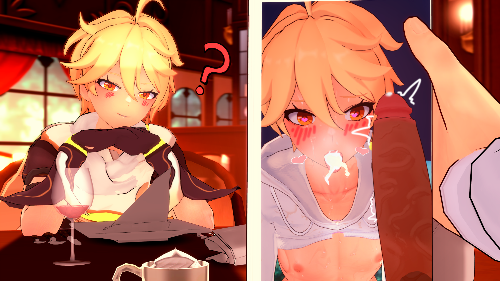 aether (genshin impact), alcohol, blonde hair, blush, cum, cum in mouth, dark skin, dark-skinned male, engiwhy, femboy, genshin impact, male, male only, netorare, nipples, ruined reputation, twink, yaoi