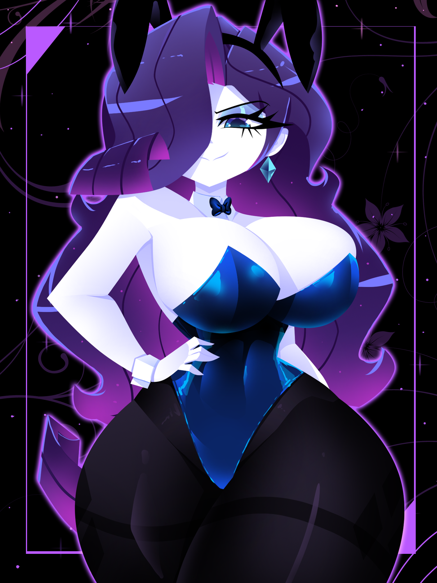 1girls, 2025, 2d, 2d (artwork), 2d artwork, big breasts, big thighs, black background, black clothing, black pants, blue eyes, blue leotard, breasts, bunny ears, bunnysuit, busty, cleavage, curvaceous, curvy, earrings, equestria girls, eyebrows, eyelashes, fake animal ears, female, female only, friendship is magic, hair over one eye, hand on hip, hasbro, hourglass figure, huge breasts, large breasts, leotard, light skin, light-skinned female, long hair, looking at viewer, my little pony, my little pony equestria girls, necktie, neckwear, no ai, pale skin, pale-skinned female, playboy, playboy bunny, pose, posing, purple hair, rabbit ears, rarity (eg), rarity (mlp), smile, solo, strapless, thick thighs, very long hair, white body, white skin, xan-gelx (xan)