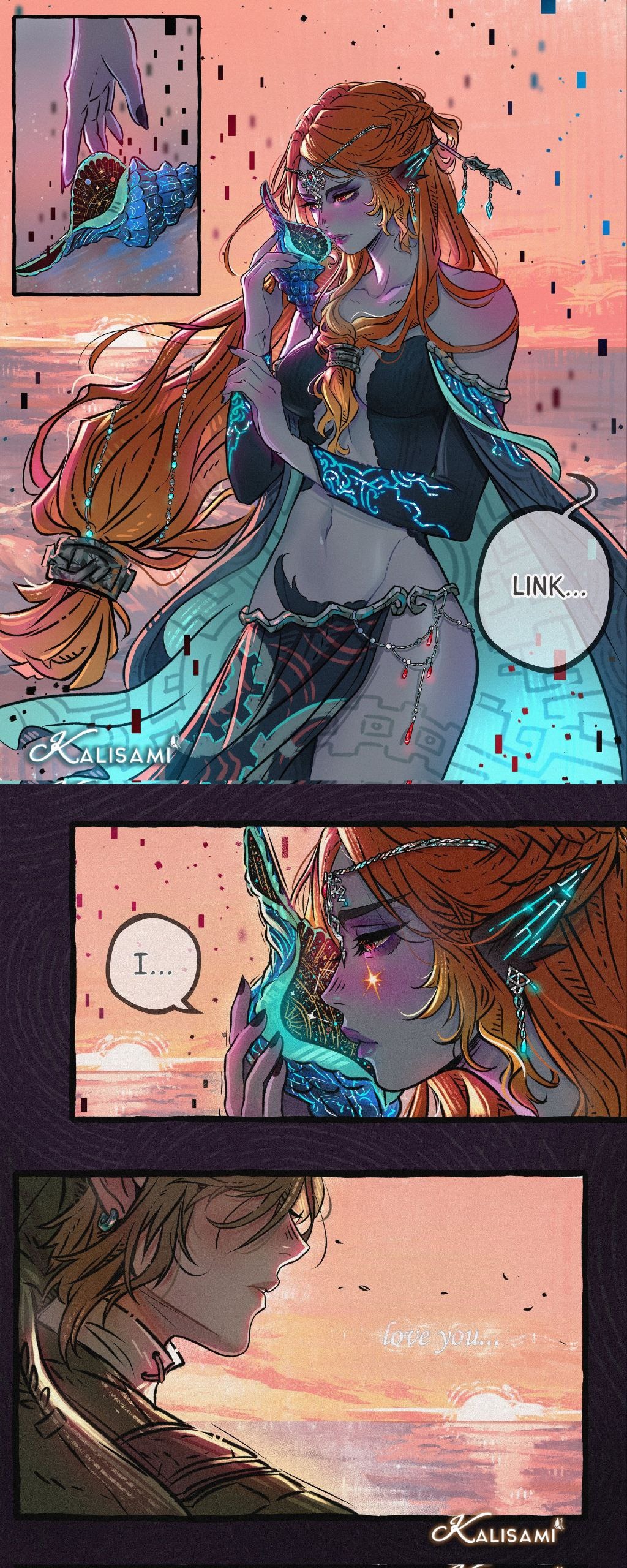 1girls, 2d, 2d (artwork), aged up, bare shoulders, beach, belly button, blue body, blush, breasts, child bearing hips, collarbone, comic strip, elf ears, female, grey body, grown up, hair ornament, intimate, kalisami, link, link (twilight princess), long fingernails, long hair, love declaration, medium breasts, midna, not porn, orange hair, pointy ears, red eyes, red hair, redhead female, safe, seaside, skirt, slim waist, tagme, tall female, taller female, the legend of zelda, twili midna, twilight princess, two-tone body, wholesome, wide hips