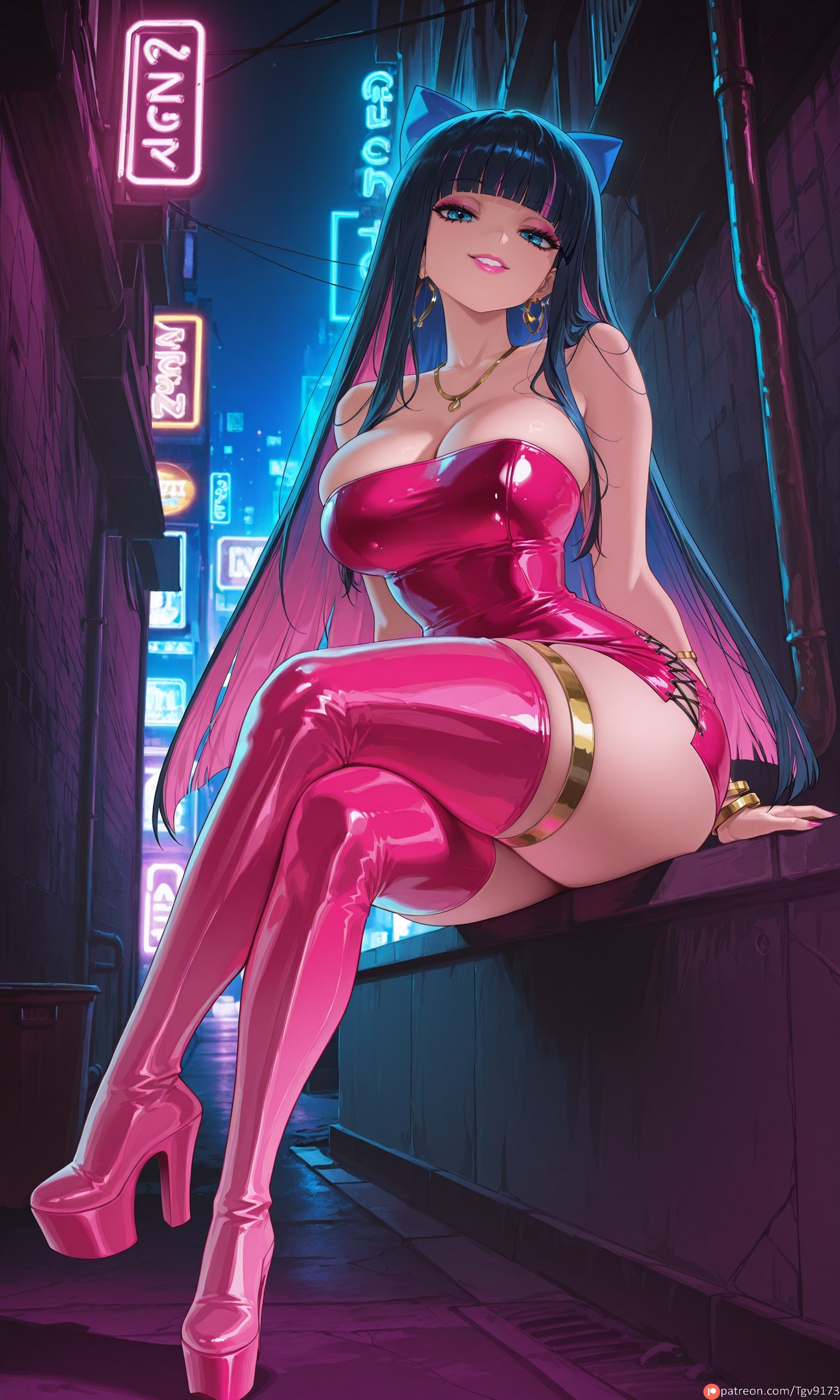 1girls, ai generated, alley, bangs, bare shoulders, bimbo, bimbofication, black hair, blue eyes, blunt bangs, bodycon, boots, bow, bracelet, breasts, cleavage, colored inner hair, commissions open, crossed legs, dress, earrings, female, fuck me boots, full body, hairbow, high heel boots, high heels, hoop earrings, jewelry, large breasts, lips, long hair, looking at viewer, makeup, multicolored hair, nail polish, necklace, neon lights, night, outdoors, panty & stocking with garterbelt, parted lips, pink dress, pink footwear, pink hair, prostitution, red dress, red footwear, self upload, shiny clothes, short dress, sitting, skindentation, smile, solo, stocking anarchy, strapless, tgv9173, thigh boots, thigh strap, thighhighs, thighs, two-tone hair
