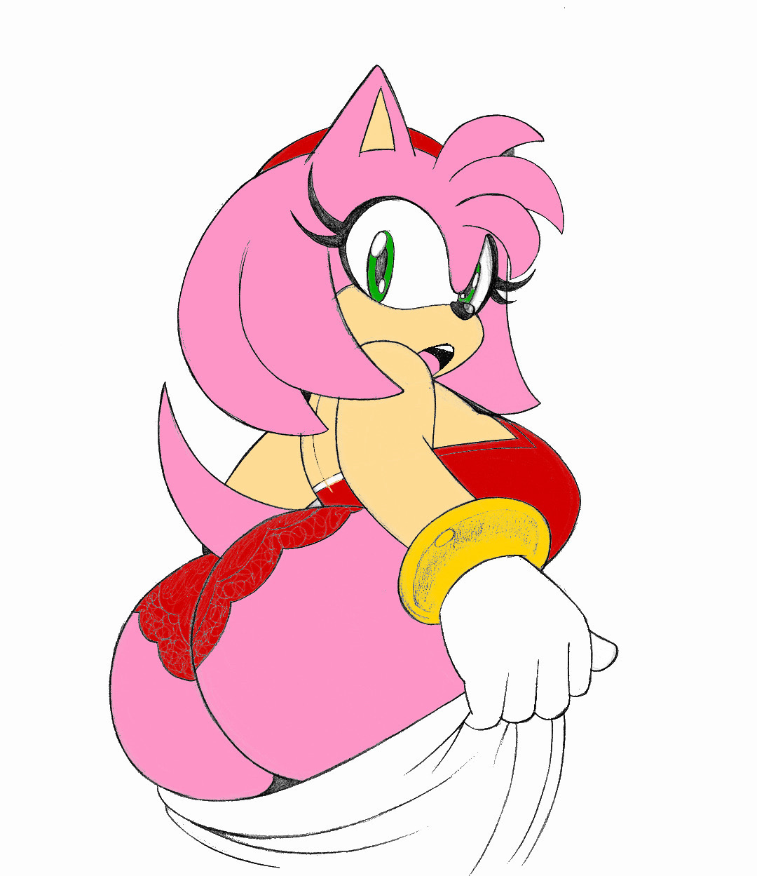 1girls, amy rose, anthro, ass, big ass, color edit, fat ass, female, furry female, green eyes, hedgehog, hedgehog girl, huge ass, lingerie, lingerie bra, lingerie panties, looking at viewer, looking back, matching underwear, mobian (species), omegasunburst, panties, pink fur, pink hair, red bra, red lingerie, red panties, red underwear, rodent, sega, shocked, shocked expression, simple background, sonic (series), sonic the hedgehog (series), surprised, towel, white background