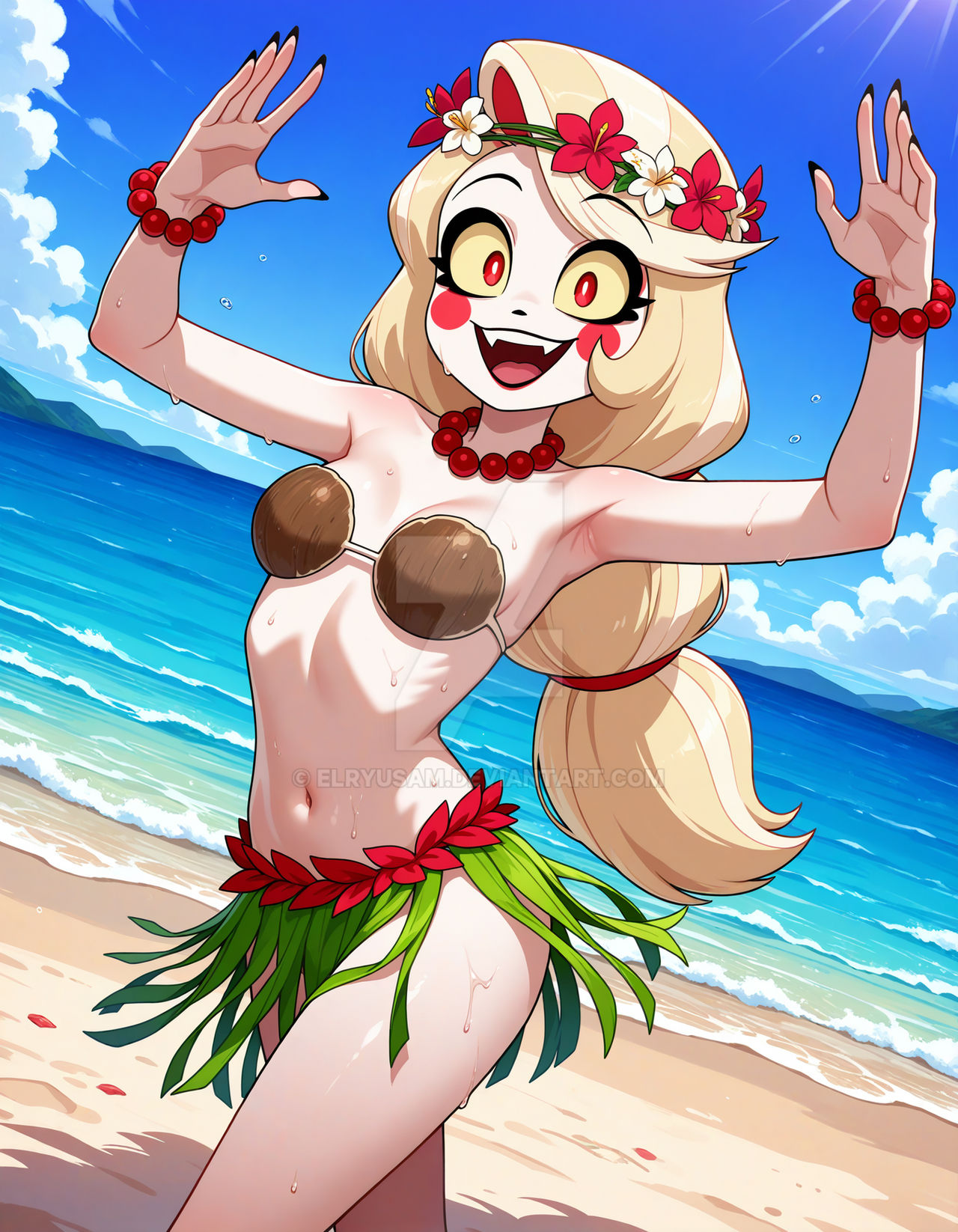 1girls, 2025, ai generated, beach background, belly, black eyebrows, black lipstick, blonde female, blonde girl, blonde-haired female, charlie morningstar (hazbin hotel), coconut bra, demon girl, deviantart, elryusam, female, flower in hair, grass skirt, hazbin hotel, hula, hula dancer, hula girl, hula skirt, meta, not porn, open mouth, red bracelets, red cheeks, red collar, red eyes, red hairband, tummy, vivziepop, wet body, wet clothes, wet skin, yellow dot eyes, youtube