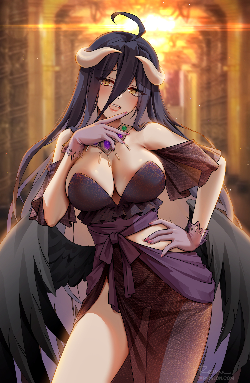 1girls, 2022, ahoge, albedo (overlord), black dress, black hair, blush, breasts, demon, demon girl, dress, female, female only, foxy rain (foxyreine), foxyrain (foxyreine), foxyreine, hand on hip, hips, horns, huge breasts, indoors, long hair, looking at viewer, naughty face, overlord (maruyama), slim waist, smile, succubus, succubus horns, succubus wings, suggestive look, thick thighs, thighs, wide hips, wings, yellow eyes