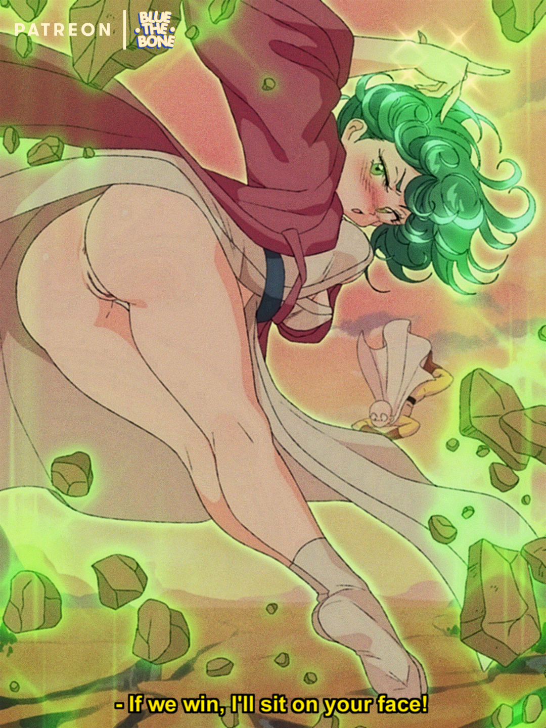 1boy, 1girls, anus, anus peek, ass, bald, bald male, bluethebone, bubble ass, bubble butt, curly hair, eyebrows, female, floating, fully clothed, green eyes, green hair, light skin, light-skinned female, light-skinned male, male, no panties, no penetration, no shoes, no underwear, one-punch man, outdoors, outside, pussy, pussy peek, rear view, retro artstyle, saitama, short hair, smaller female, socks, tatsumaki, telekinesis, vagina
