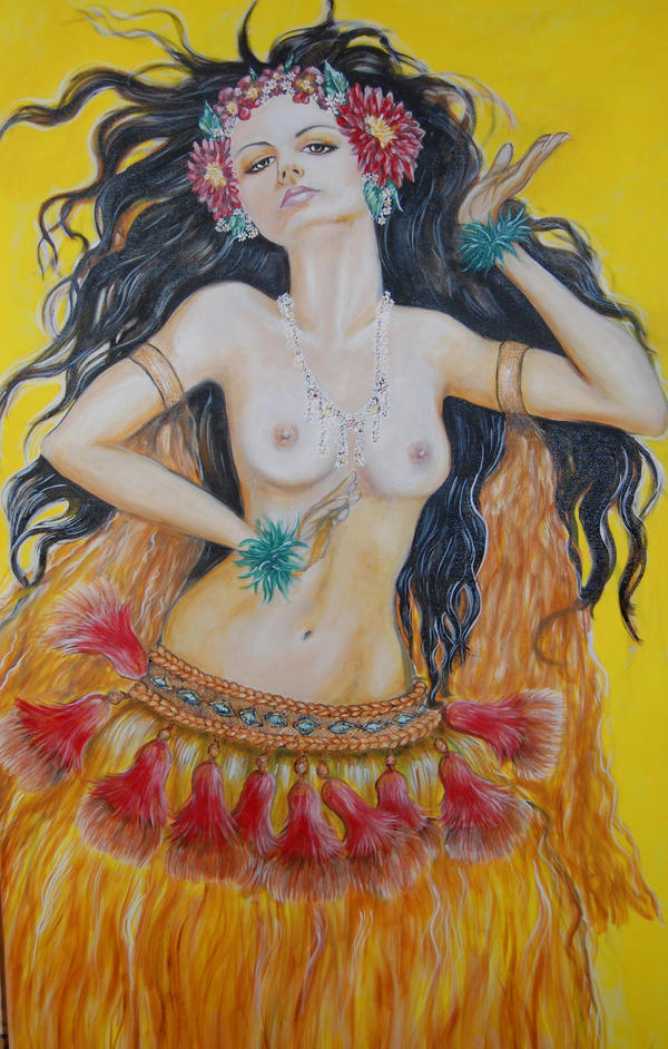 arm_bands black_hair flower_head_band grass_skirt grey_eyes hula hula_dancer hula_girl hula_skirt necklace oc original_character painting_(artwork) sipukas topless yellow_background