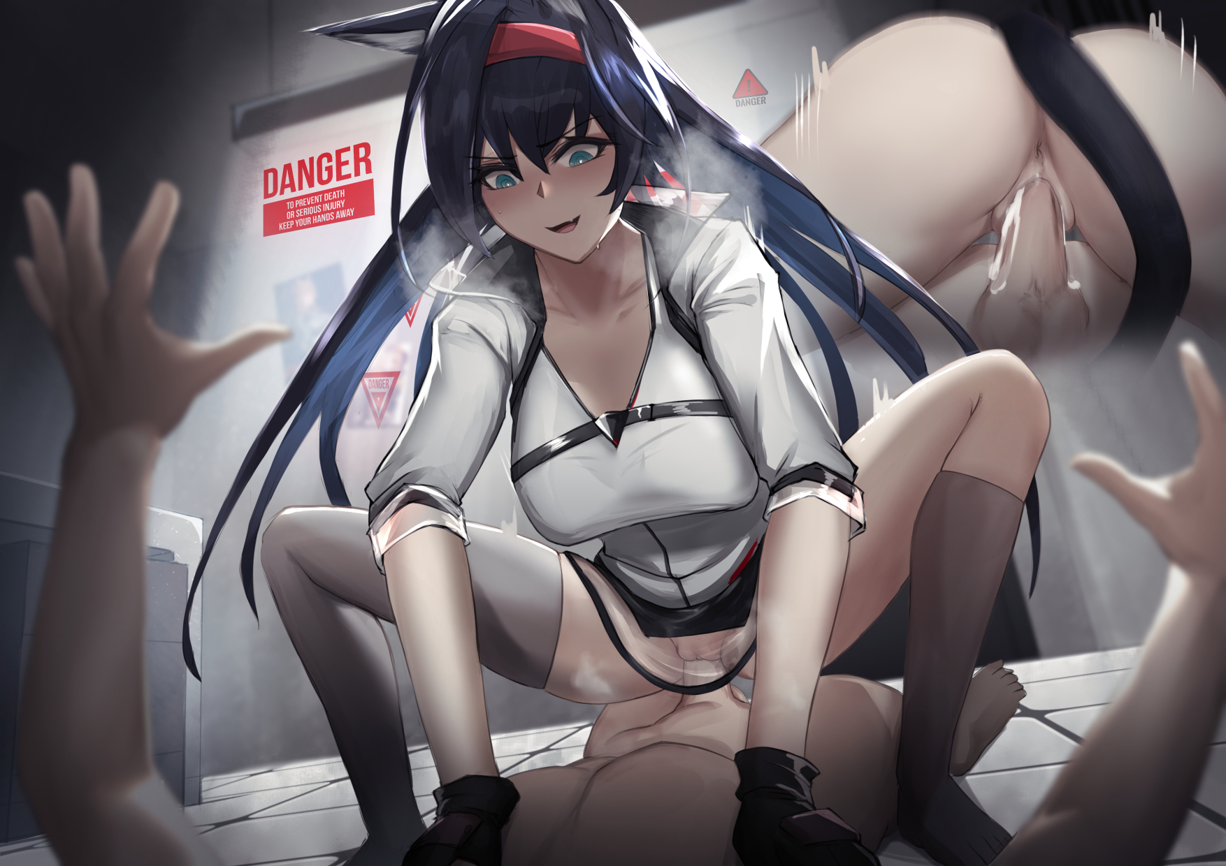 1boy, 1girls, animal ears, anus, aqua eyes, arknights, ass, asymmetrical legwear, blaze (arknights), blue hair, blush, collarbone, cowgirl position, cum, cum in pussy, cum inside, dubious consent, ejaculation, ejaculation while penetrated, english text, female, femdom, gloves, grey legwear, hairband, heavy breathing, highres, horny, internal cumshot, knees, krirk, legwear, light skin, light-skinned female, long hair, male, no panties, oerba yun fang, on floor, open mouth, penis, pussy, sex, smile, squatting, steaming body, stockings, straight, sweatdrop, tail, text, thighhighs, uncensored, uniform, unprofessional behavior, unprotected sex, vagina, vaginal penetration, very long hair