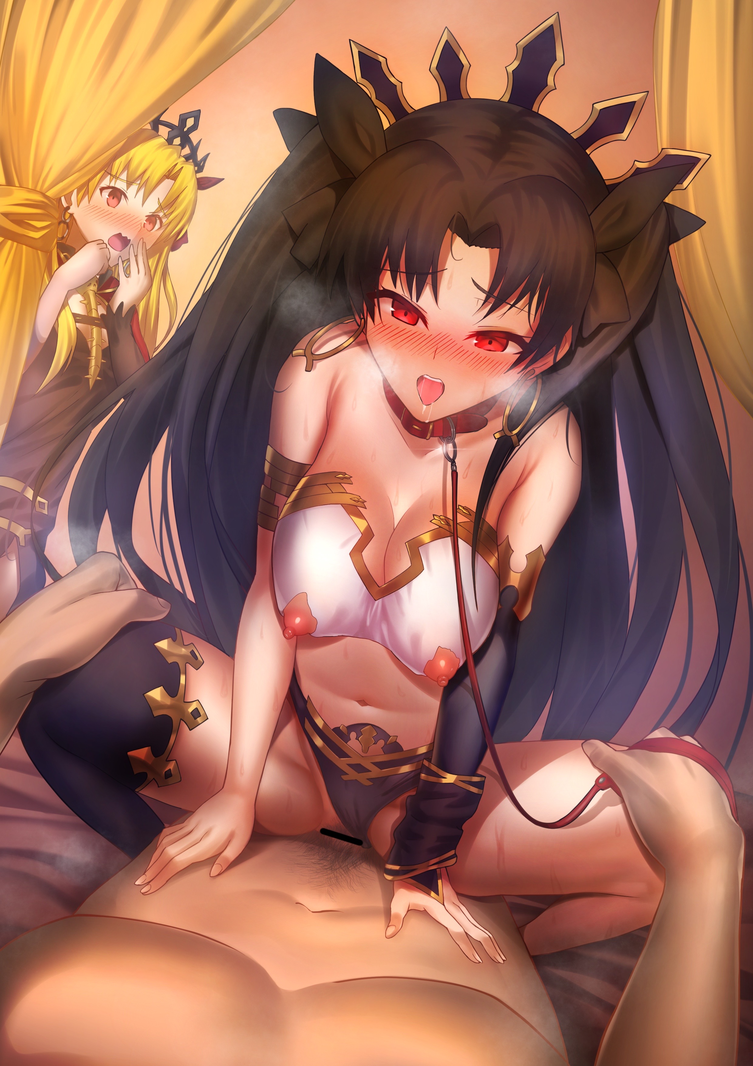 1boy, 2girls, asymmetrical legwear, bar censor, black hair, blonde hair, blush, censored, dark skin, dark-skinned male, ereshkigal (fate), fate (series), fate/grand order, female, ishtar (fate), light skin, light-skinned female, male, mishima psycho, multiple females, multiple girls, nipples, red eyes, sex, single thighhigh, standing, straight, twintails