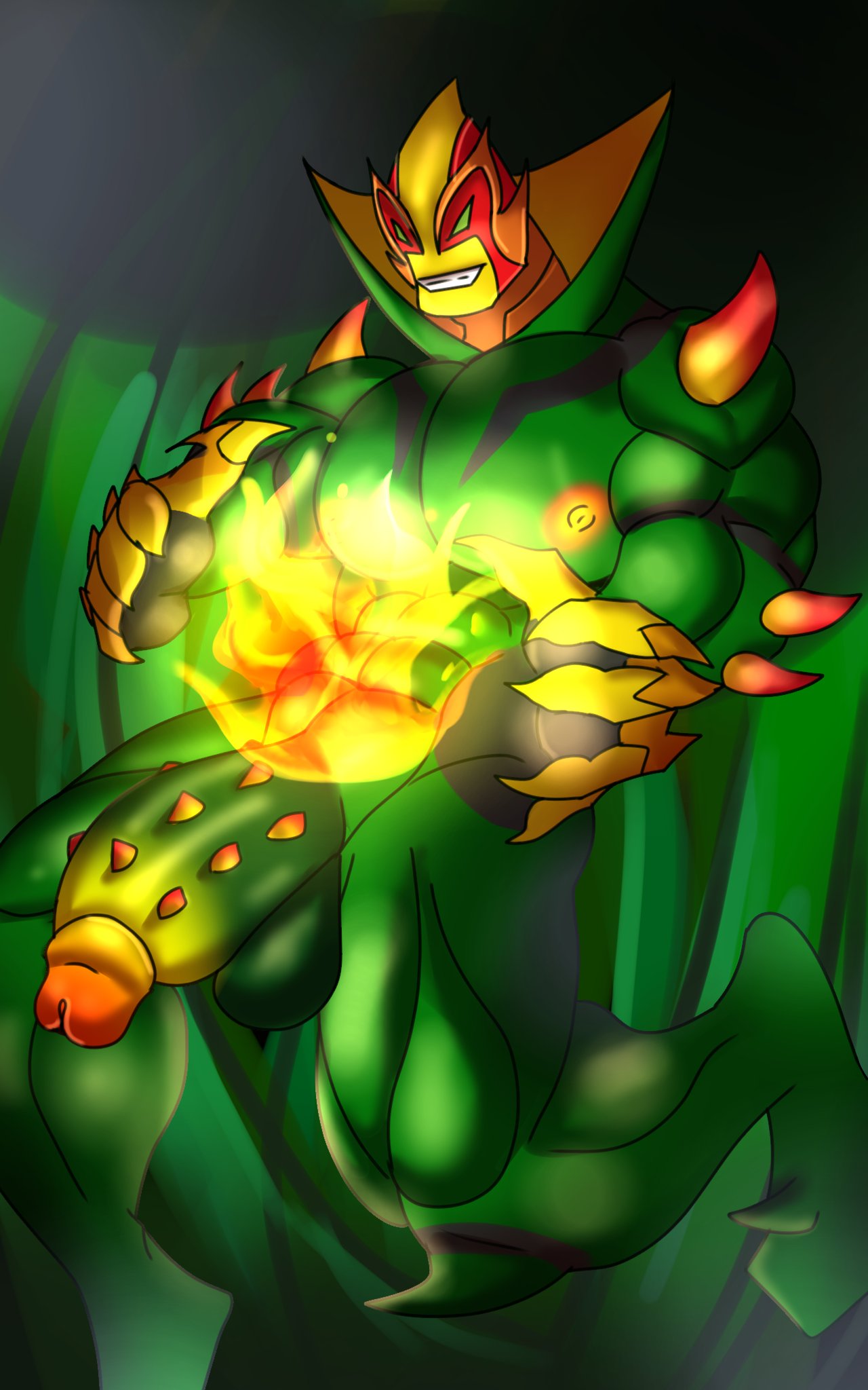 alien anthro elemental_manipulation fire fire_manipulation gay genitals green_body hi_res humanoid methanosian muscular ninjagreen99 nipples nude penile_spines penis