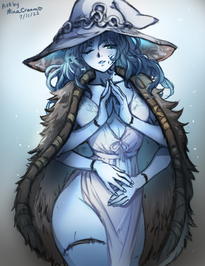 1girls, aqua eyes, blue hair, blue skin, coat, dress, elden ring, female, female only, fromsoftware, fur cape, half-closed eyes, hands together, hat, lips, long hair, looking away, minacream, one eye closed, ranni the witch, solo, thick thighs, thighs, witch hat