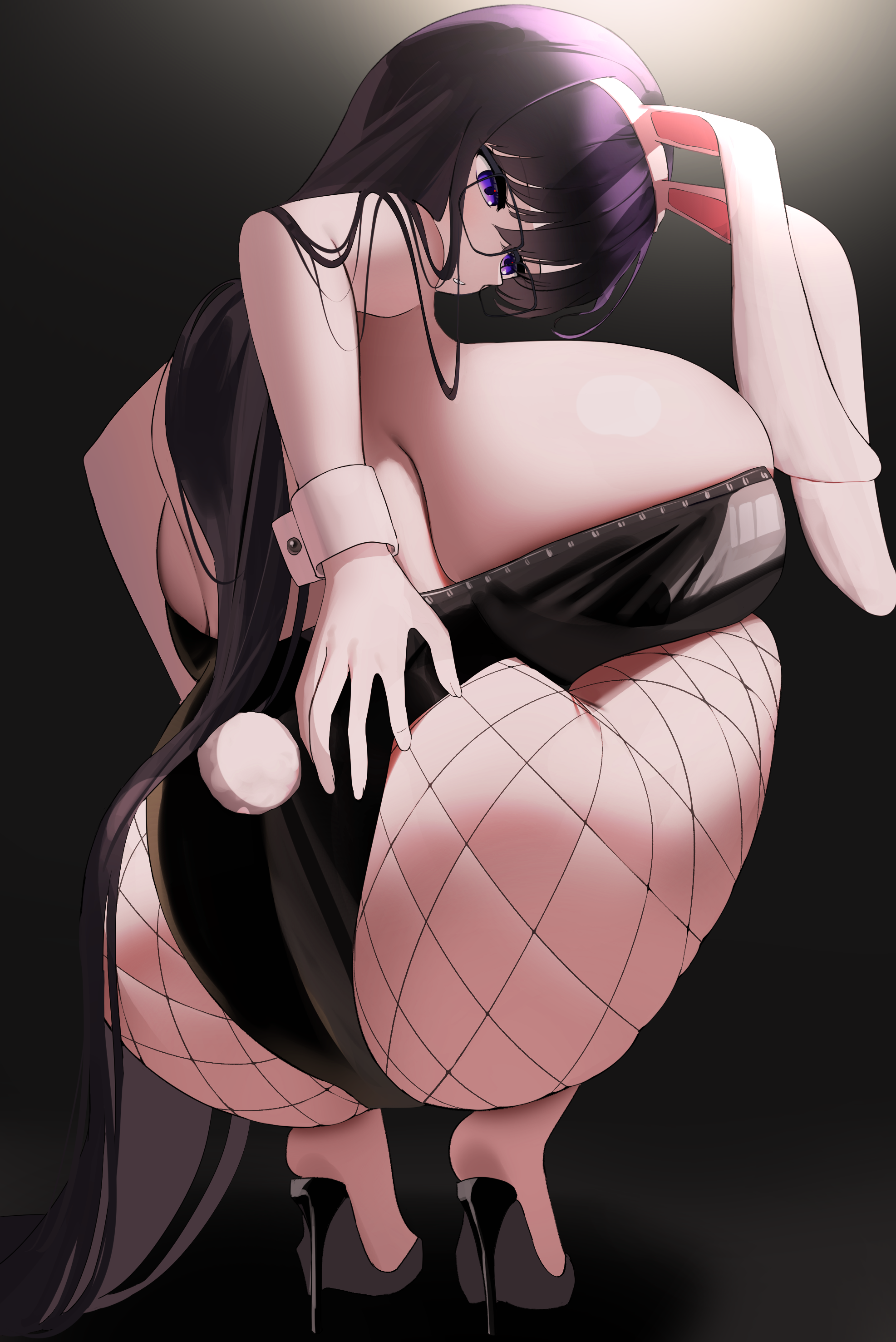 1girls, 2022, ass, black hair, black leotard, breasts, bunny ears, bunny girl, bunny tail, bunnysuit, female, female only, fishnet legwear, fishnets, heels, hi res, highleg leotard, hips, huge breasts, large ass, leotard, long hair, massive breasts, nicorima, original, original character, purple eyes, simple background, slim waist, squatting, thick thighs, thighs, wide hips