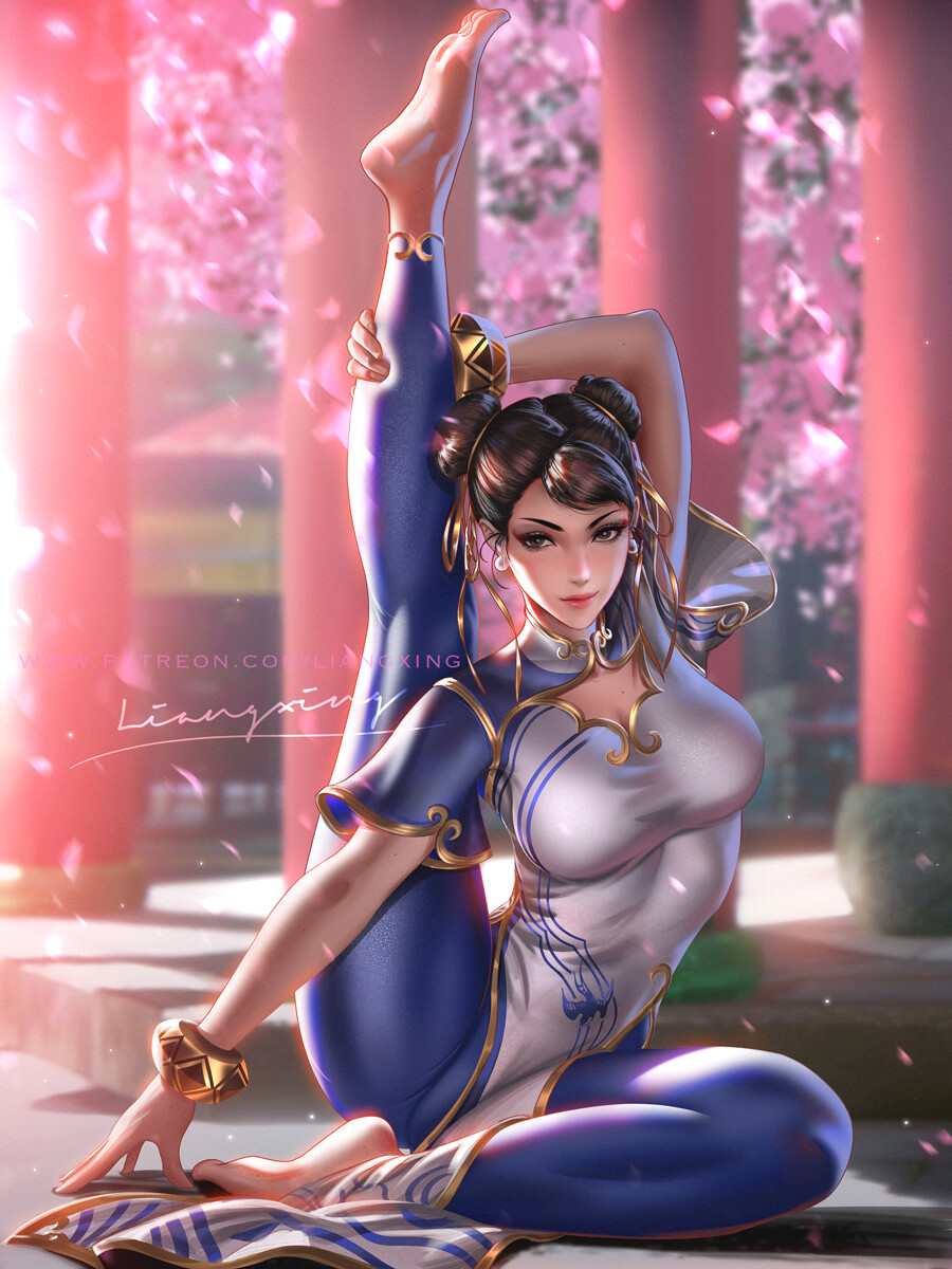 1girls, asian, asian female, blue clothing, bracelet, brown eyes, brown hair, chinese clothes, chun-li, clothing, feet, feet up, female, female focus, female only, flexible, fully clothed, hair bun, liang xing, looking at viewer, solo, solo female, street fighter, street fighter 6, stretching, tight clothing, tight fit, tights