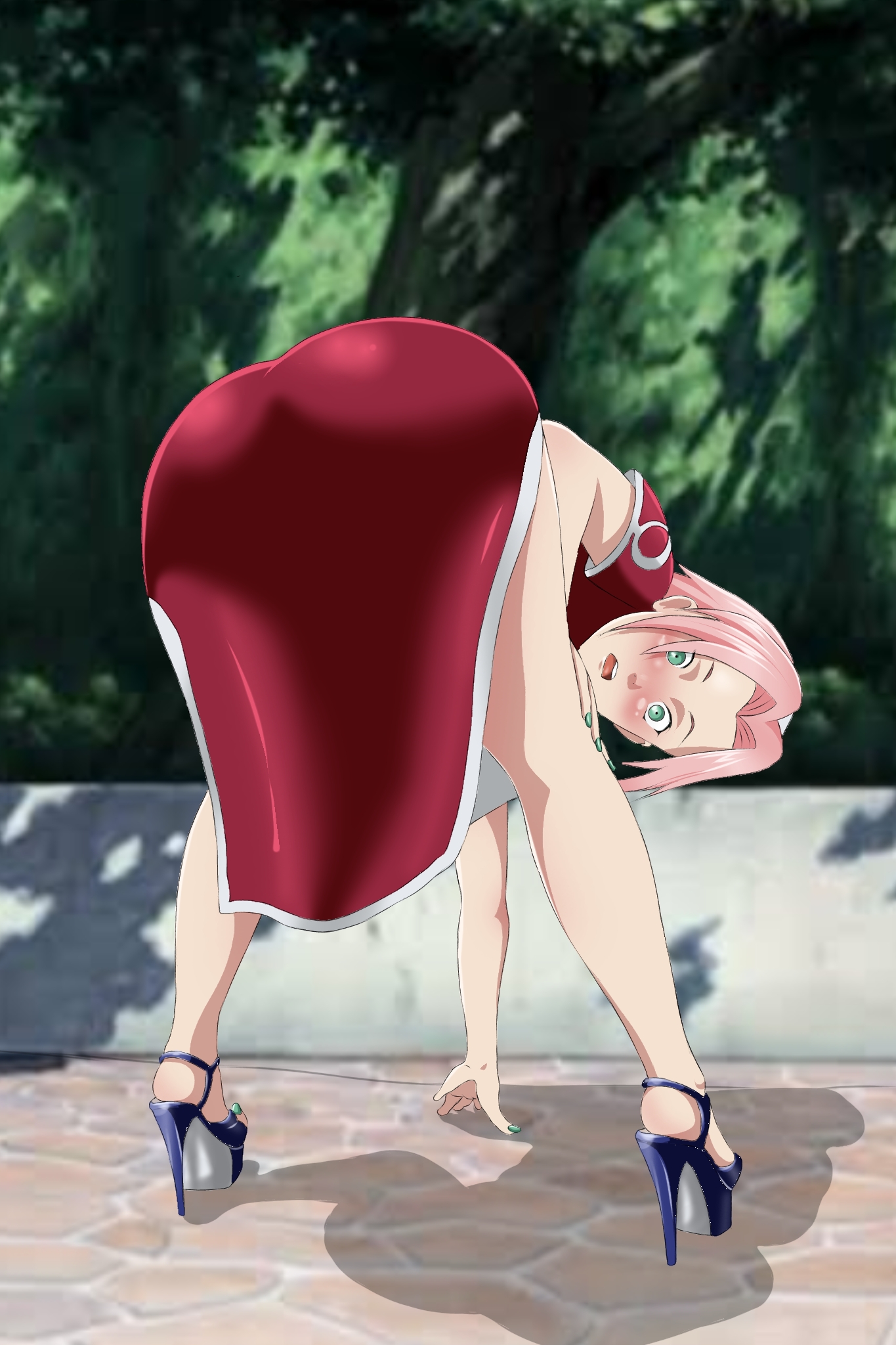 1girls, 2022, 2d, adapted costume, arm support, ass, ass bigger than head, ass focus, ass up, back view, bare legs, bare thighs, bending over, bent over, big ass, big butt, bitch, blush, bottom heavy, bottomless, bubble ass, bubble butt, china dress, chinese clothes, clothed female, clothing, danieledevane, dress, dress inside ass, dress shirt, female, female only, fingernail polish, fingernails, from behind, fully clothed, green eyes, green nail polish, heels, high heels, light skin, light-skinned female, long hair, looking at viewer, looking back, naruto, naruto (classic), naruto (series), no sex, open toe shoes, outdoors, paag, petite, petite body, pink hair, presenting, presenting ass, presenting hindquarters, prostitute, prostitution, realistic proportions, rear view, round ass, sakura haruno, short, short hair, smaller female, solo, solo female, solo focus, standing, teenage female, teenager, thick ass, toenail polish, toenails, young, younger female