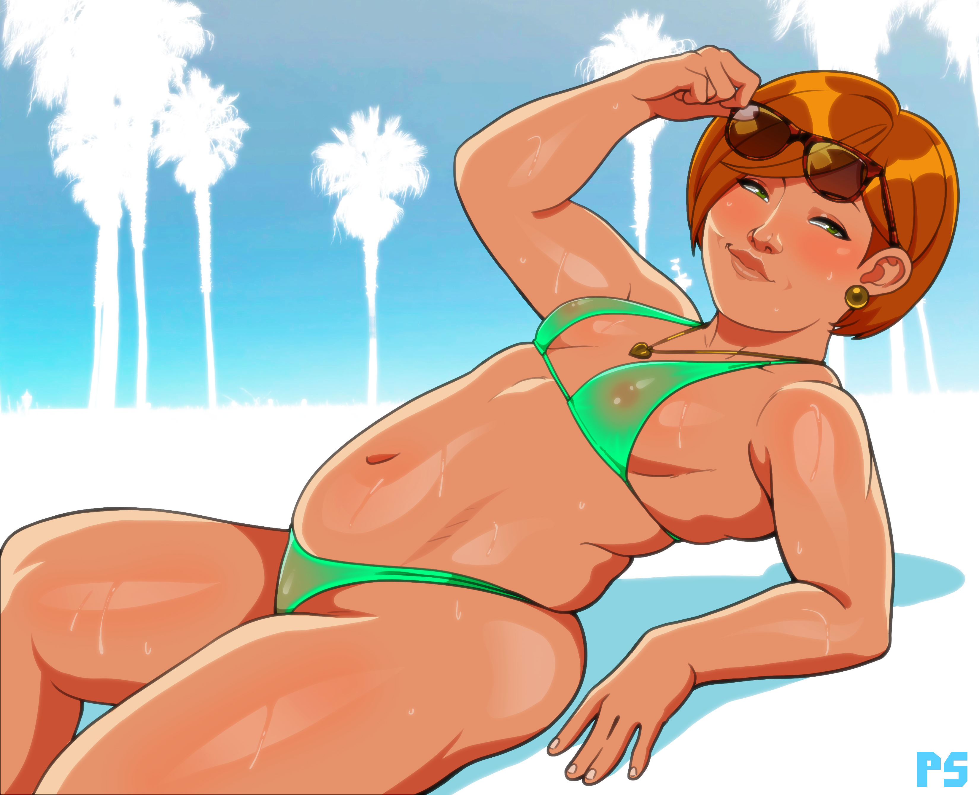 1girls, bikini, blush, breasts, brittany lovejoy, earrings, eyewear on head, female, female only, looking at viewer, lying, lying on back, mature female, necklace, nipples visible through clothing, orange hair, original, pumpkinsinclair, small breasts, smiling at viewer, solo, solo female, sunglasses, sunglasses on head, sweat, thick thighs, very high resolution