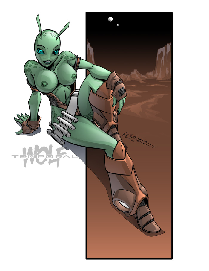 2d alien antennae bald bald_girl belt boots breasts brown_footwear brown_vest colored_skin female fingerless_gloves garth_graham garthft gloves green_eyes green_lips green_skin knee_up landscape large_breasts lounging moon original sitting smile strap_slip temporalwolf topless vest