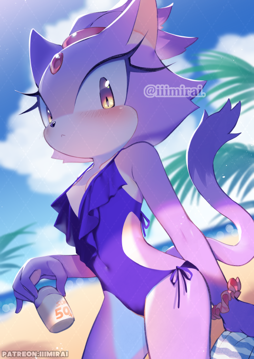 1girls, anthro, beach, blaze the cat, blurry, blurry background, breasts, cat ears, cat girl, cat tail, catgirl, cute, female, female focus, female only, flat chest, furry, holding object, iiimirai, looking at viewer, one-piece swimsuit, palm tree, patreon username, petite, purple skin, purple swimsuit, sand, scrunchie, sega, small breasts, sonic (series), sonic the hedgehog (series), swimsuit, tagme, water