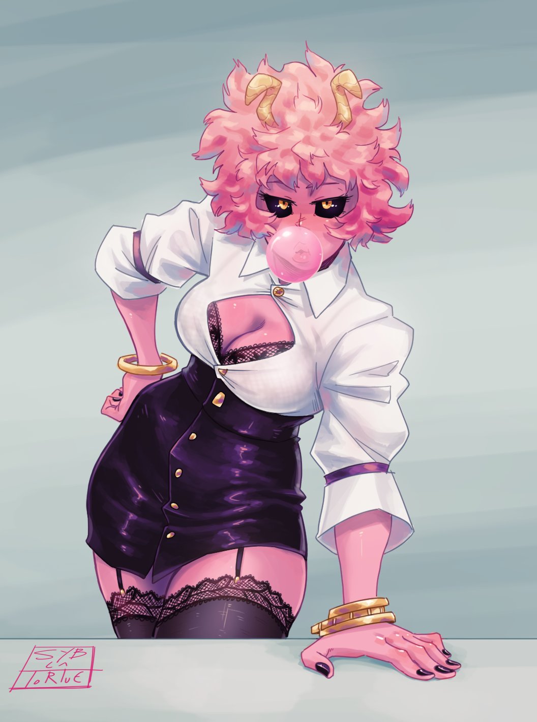 1girls black_nails black_sclera black_skirt bubble_gum cleavage curly_hair female female_only gum horns mina_ashido miniskirt my_hero_academia pink_hair pink_skin short_skirt skirt solo syblatortue thighhighs tight_clothing