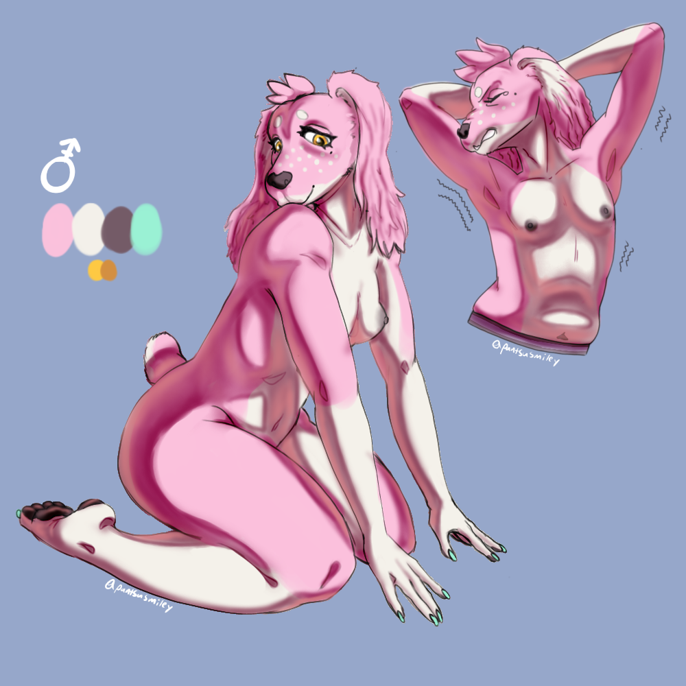 anthro bird_dog canid canine canis cocker_spaniel dark_nipples domestic_dog floppy_ears freckles ftm_crossgender fur genderswap_(ftm) girly hunting_dog long_ears long_nails male male_breasts mammal nub_tail pantsu_smiley pink_body pink_fur rule_63 solo spaniel