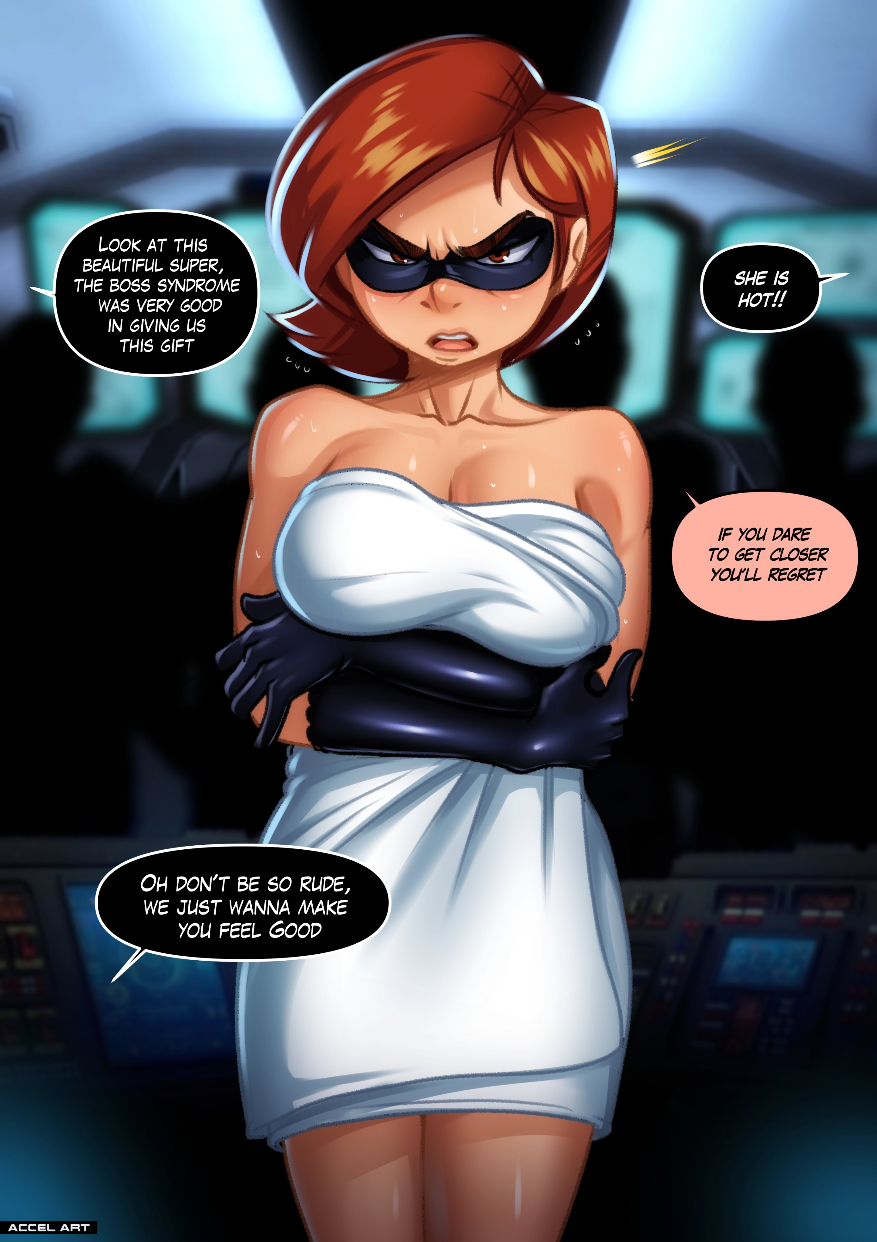 1girls, accelart, angry, angry face, bare shoulders, blush, breasts, brown hair, comic, comic page, disney, elastigirl, eye mask, female, female focus, female only, gloves, helen parr, imminent rape, imminent sex, large breasts, male, mask, masked female, multiple boys, multiple males, nude, open mouth, short hair, smooth skin, speech bubble, syndrome's guard, tagme, text, text bubble, the incredibles, towel, towel only